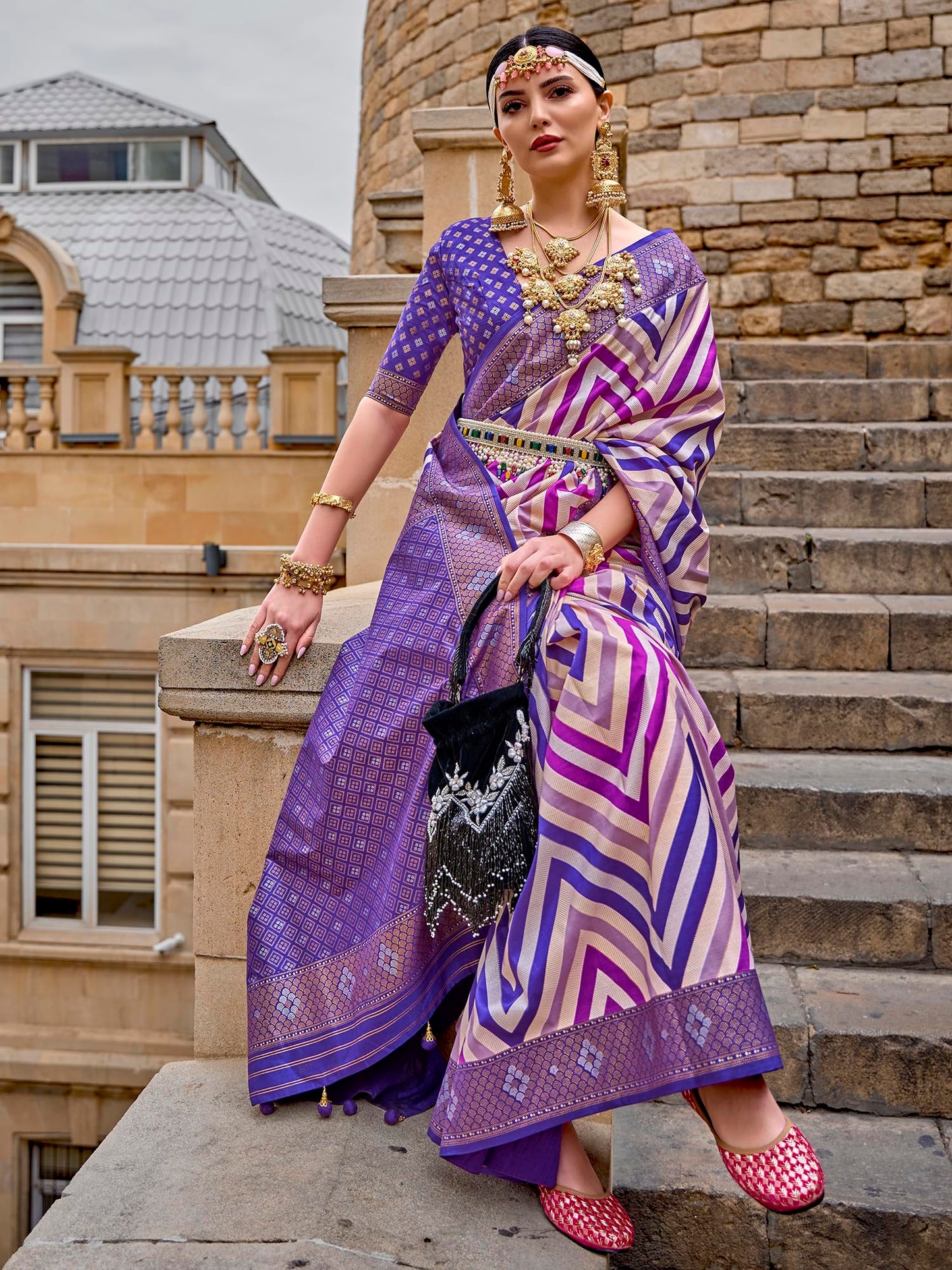SAREE MALL Women's Woven Design Geometric Print Silk Blend Saree with Unstitched Blouse Piece (Violet_FLORENCE972_RW)
