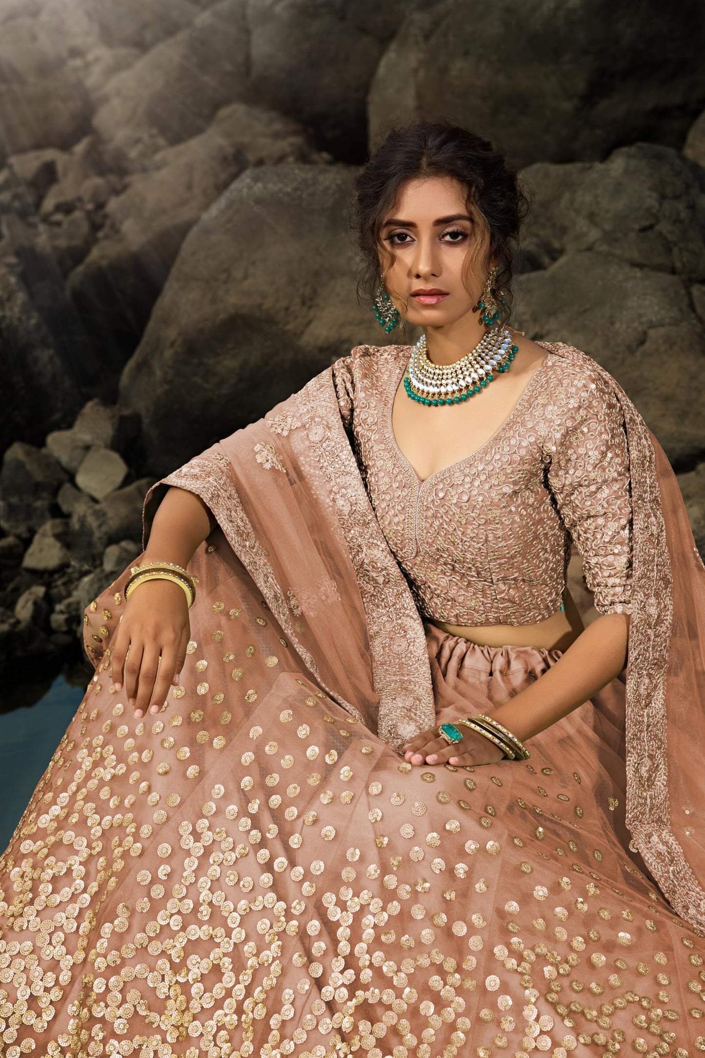 Divine Exim Women's Net Semi Stitched Lehenga Choli with Dupatta | Dori and Sequin Embroidery Pattern | Traditional, Wedding, Ethnic Wear Lehenga (Brown)