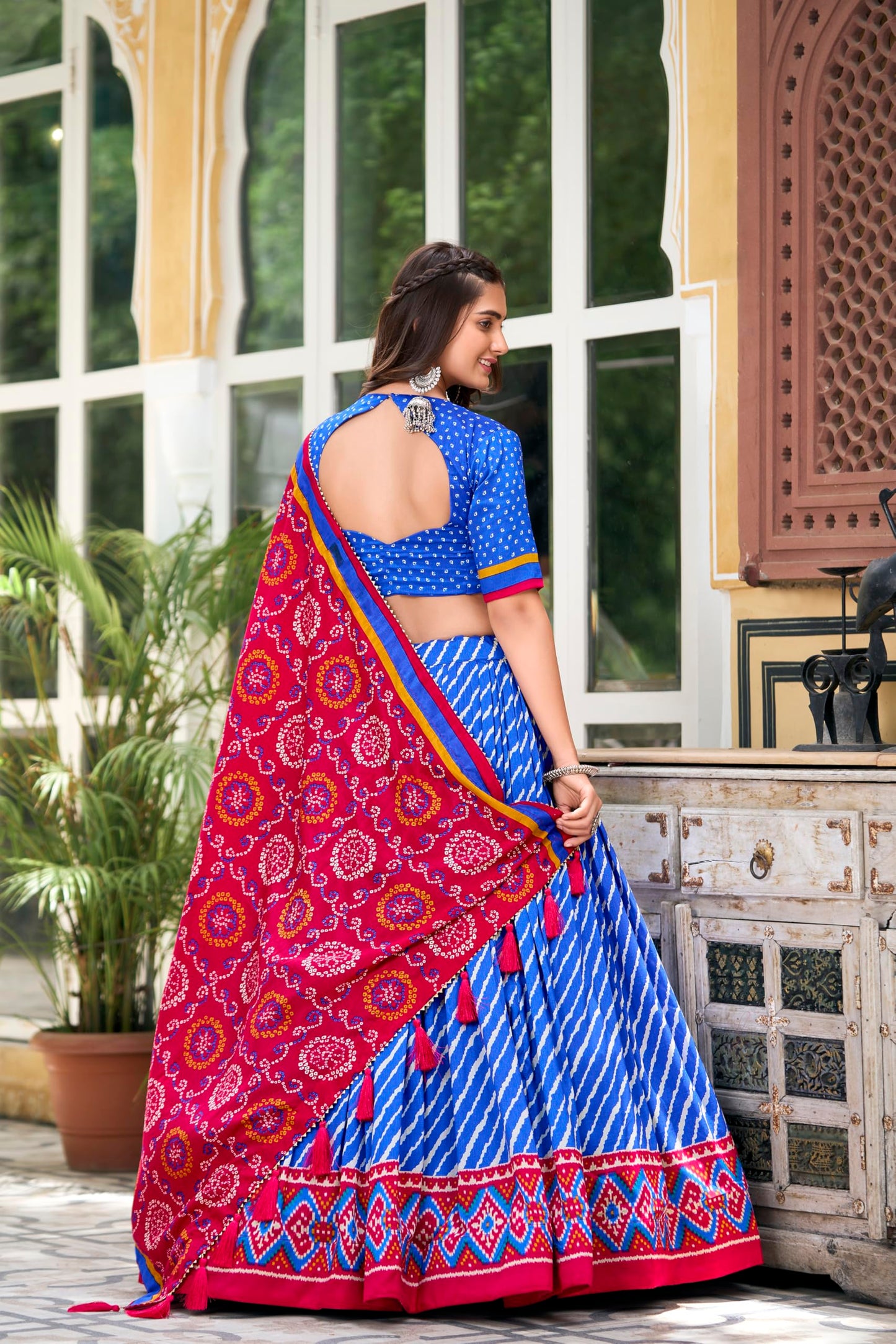 LooknBook Art Women's Leheriya Printed Silk Unstitched Lehenga Choli With Dupatta, Royal Blue