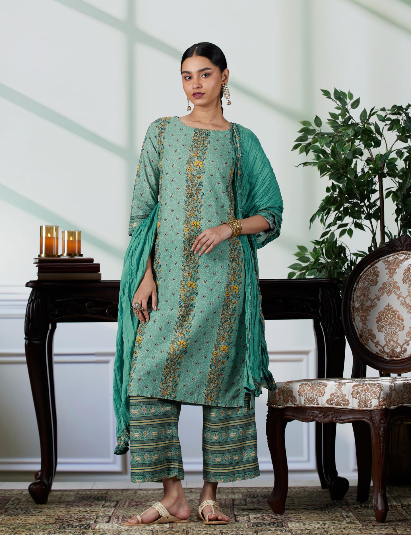 BIBA Women's Sage Green Printed Cotton Straight Suit Set_38