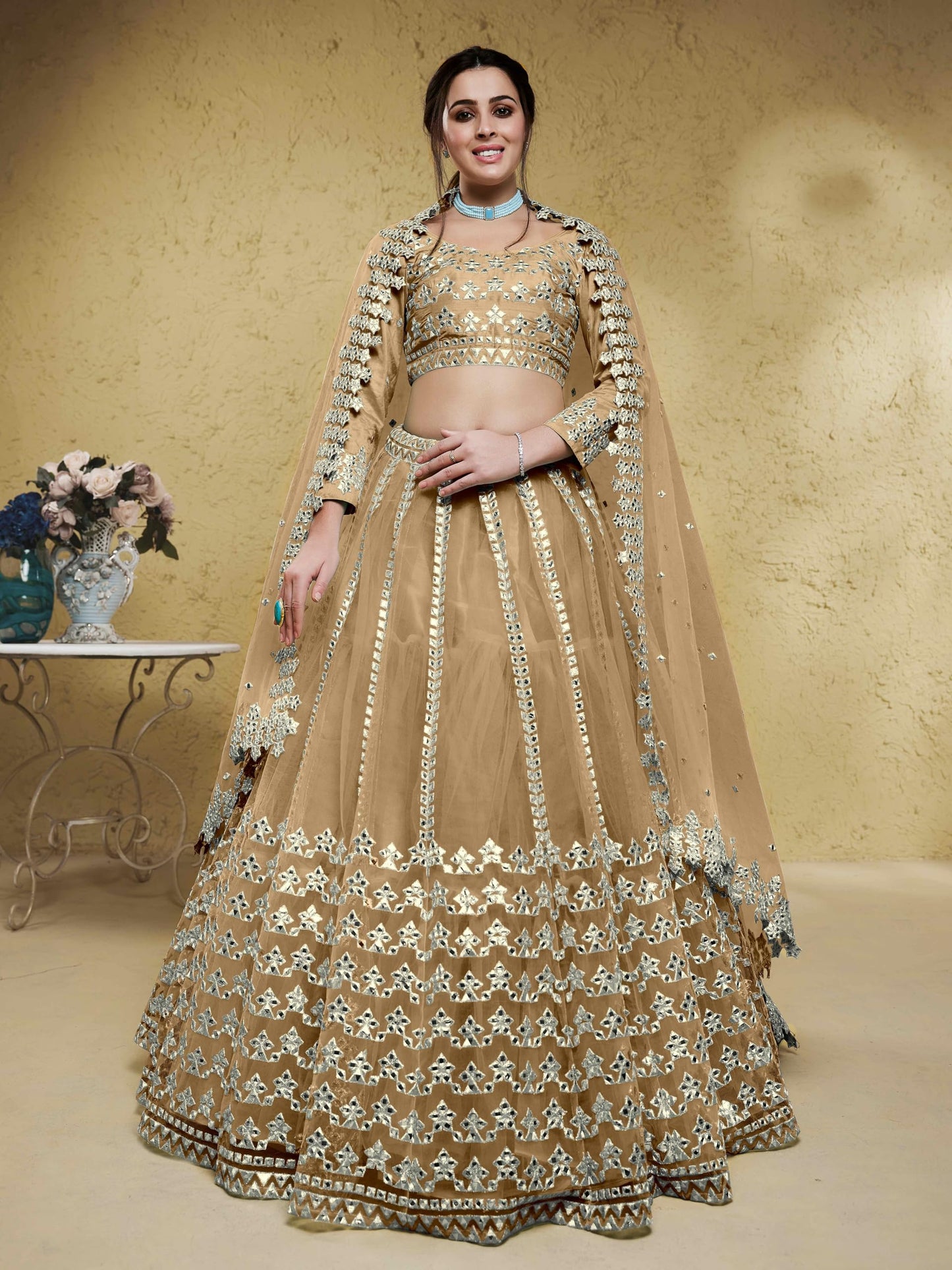 Zeel Clothing Women's Net Semi-stitched Foil Embroidered Lehenga Choli With Dupatta (5029-Beige--Lehenga-Choli-Latest,Free size)
