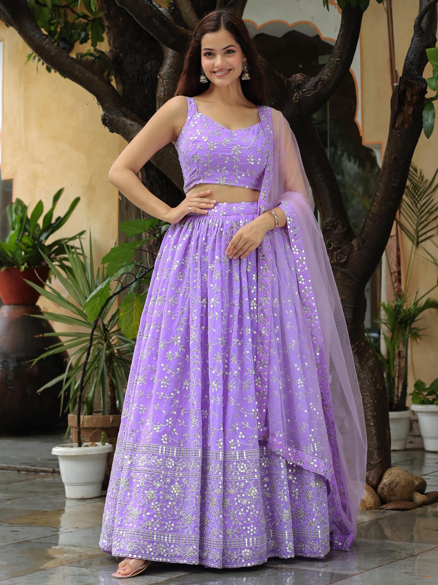 Zeel Clothing Women's Zari And Sequins Readymade Embroidered Georgette Lehenga Choli With Dupatta (5058-Lavender-Womens-Wedding-Lehenga-Choli, Free Size), Purple