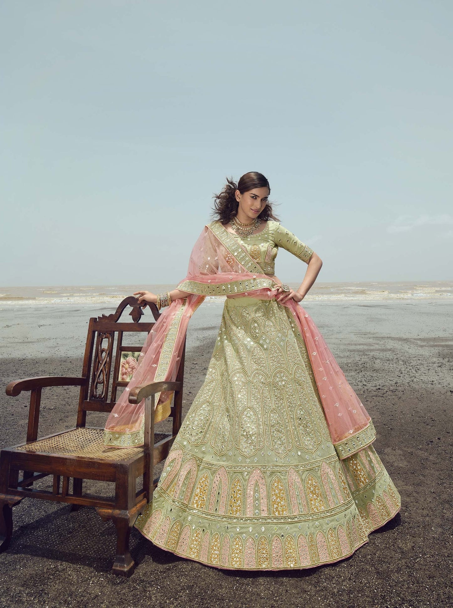 FUSIONIC Admirable Pista Green Stone Work organza base Base Lehenga Choli For Women