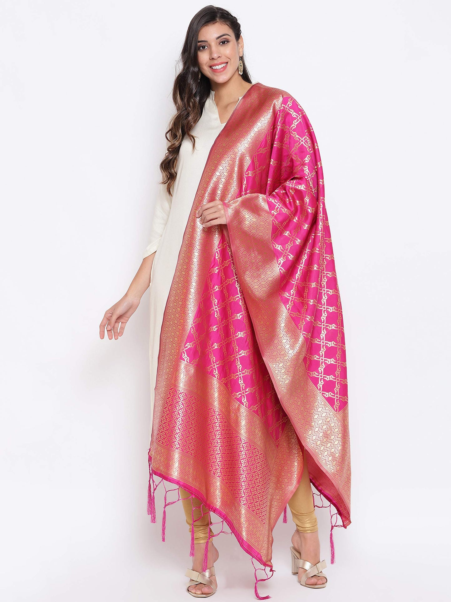 Lilots Women's Banarasi Silk Jacquard Woven Dupatta Gorgeous Printed Chunni (Rani Pink), Free Size