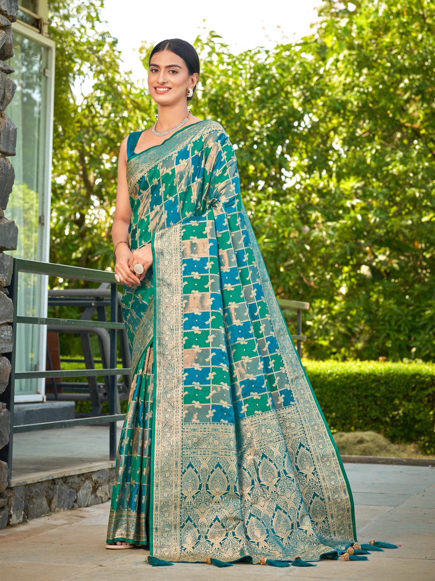 MANOHARI Women's Most Trendy Banarasi Satin Silk Woven Turquiose Blue Saree With Heavy Jacquard Work Saree With Blouse Piece_MN2051