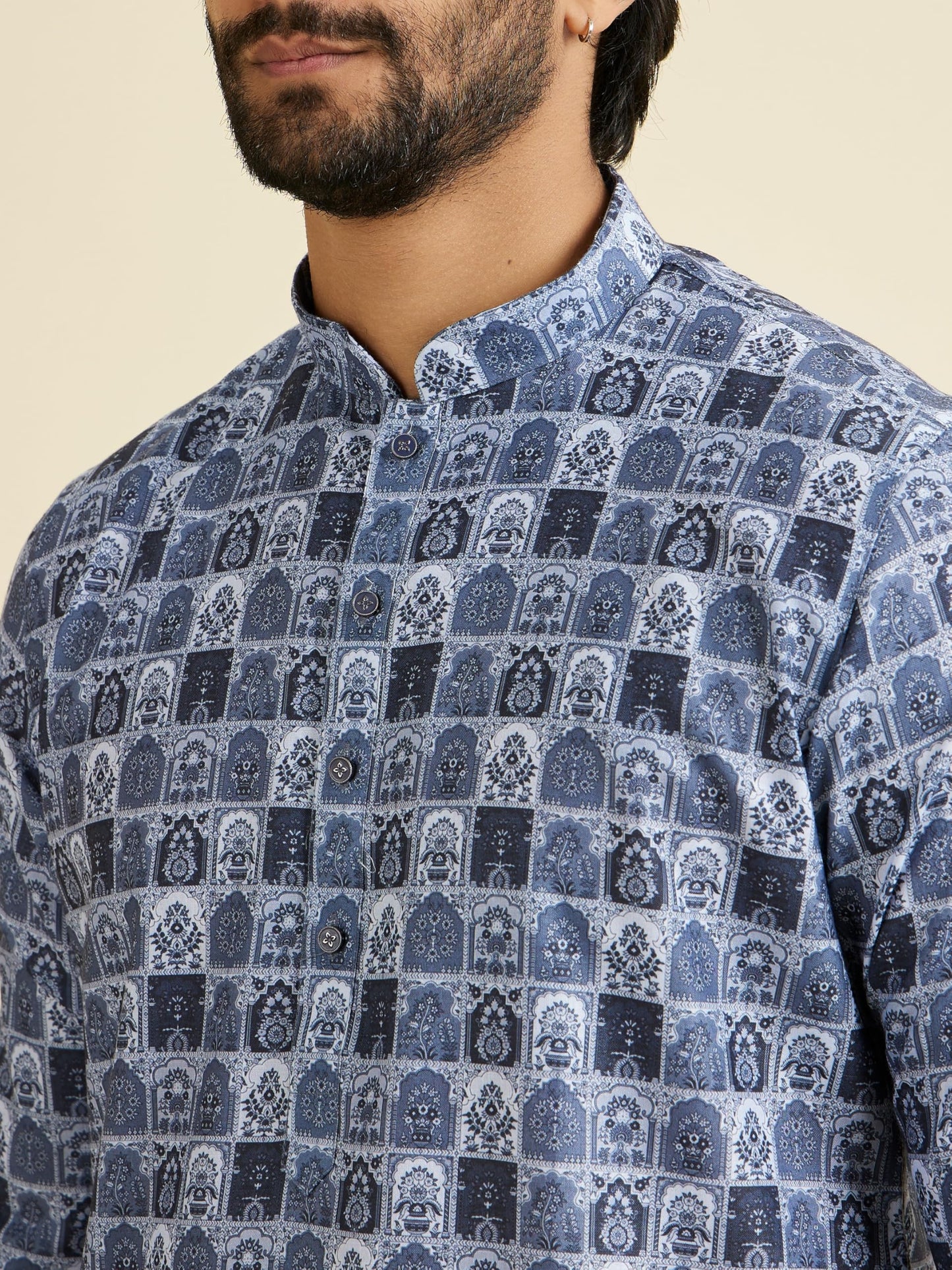 Manyavar Men's Cotton Blend Printed Kurta Pyjama Set (Greyish Blue,S)