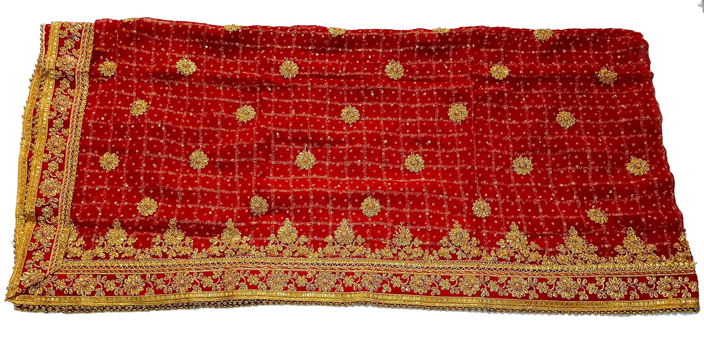 asha chunri house Women Red Bridal Bandhani Dupatta With Velvet Border And Moti 2.25 Mtr