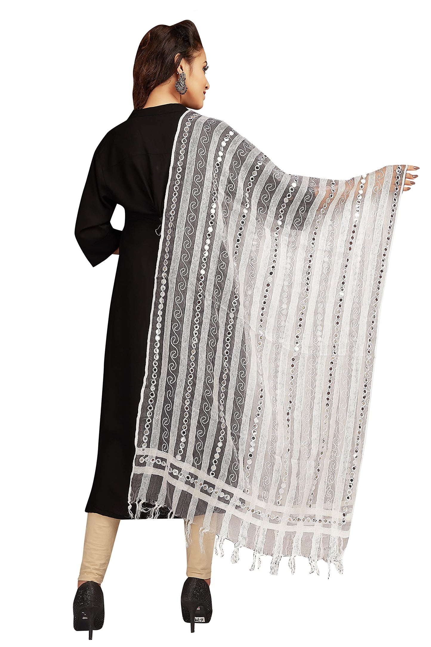 RANI SAAHIBA Women's Mirror Work Embroidered Tissue Organza Dupatta (SKRDD2074_White)