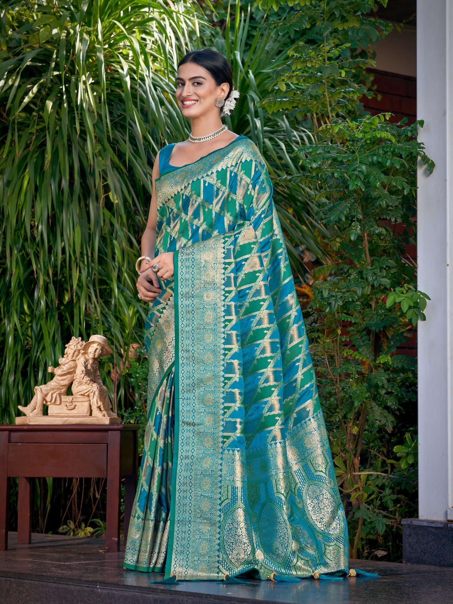 MANOHARI Women's Most Trendy Banarasi Satin Silk Woven Turquiose Blue Saree With Heavy Jacquard Work Saree With Blouse Piece_MN2042