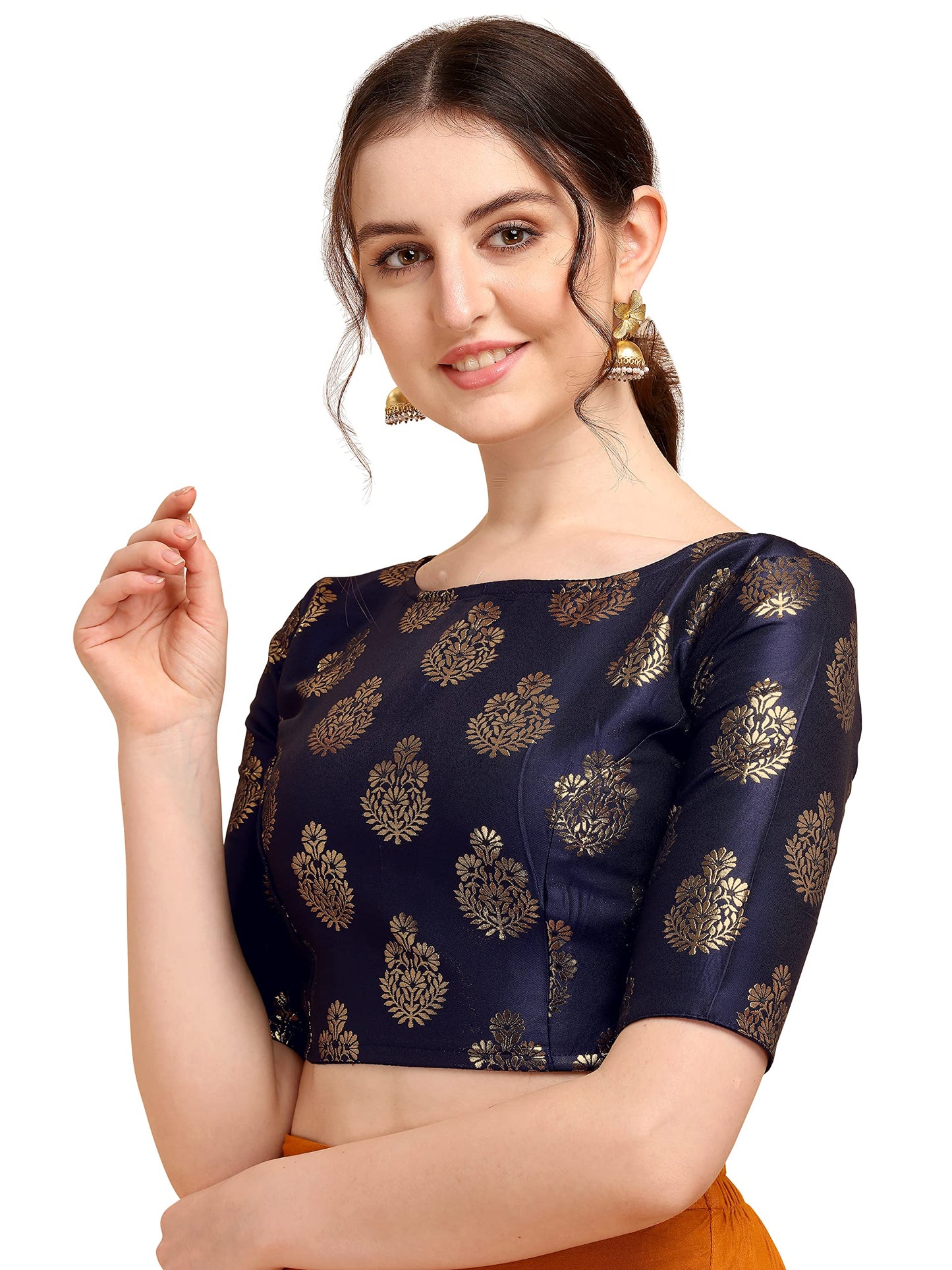 OOMPH! Women's Indian Ethnic Wear Designer Floral Pattern Zari Work Boat Neck Half Sleeve Readymade Non - Padded Blouse for Saree and Lehnga and Palazzos or Skirts for a Fusion Twist.
