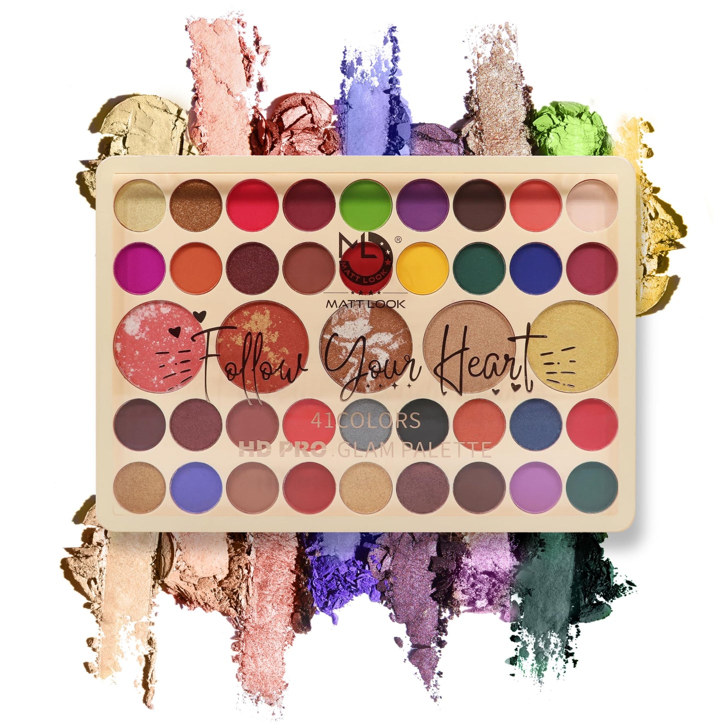 MATT LOOK 41 Colors Hd Pro Glam Palette|Multi-Purpose Use Palette|Bright Vibrant Colors|Water Proof Formula|One Stroke Application|Eye Shadows & Highlighters In One Palette- Multicolor 01(41.6G)