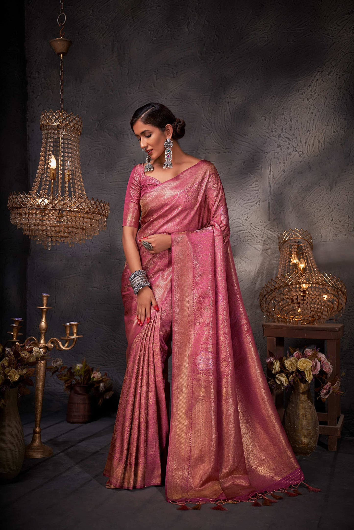 Vardha Women's Kanchipuram Art Silk Saree with Unstitched Blouse Piece - Gold Copper Silver Zari Woven Work Sarees for Wedding (Ayana Silk_538)