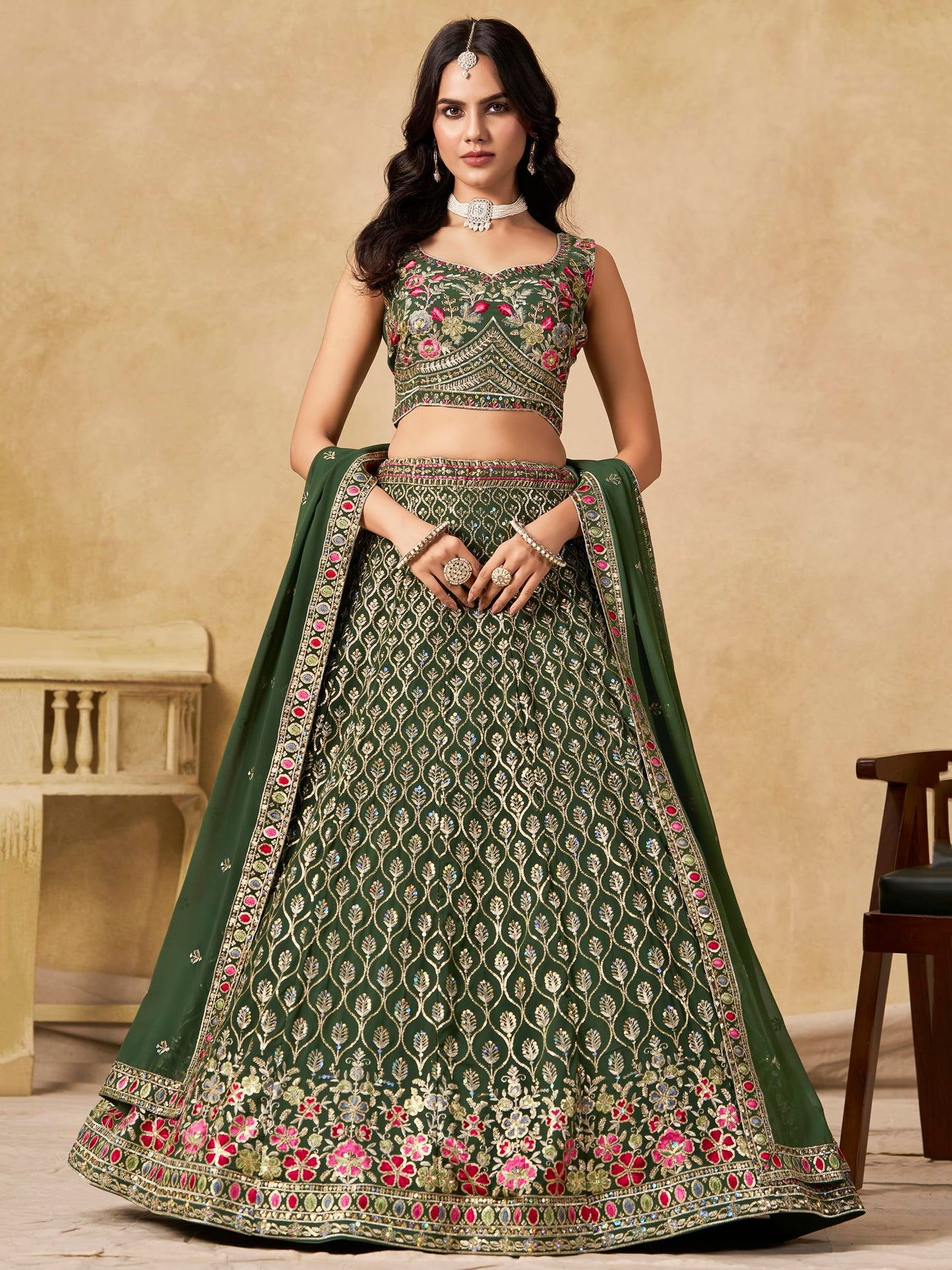 Zeel Clothing Women's Sequins and Thread Embroidered Work Georgette Lehenga Choli With Dupatta (5134-Women-Lehenga-Choli-Latest; Free size) (Green)