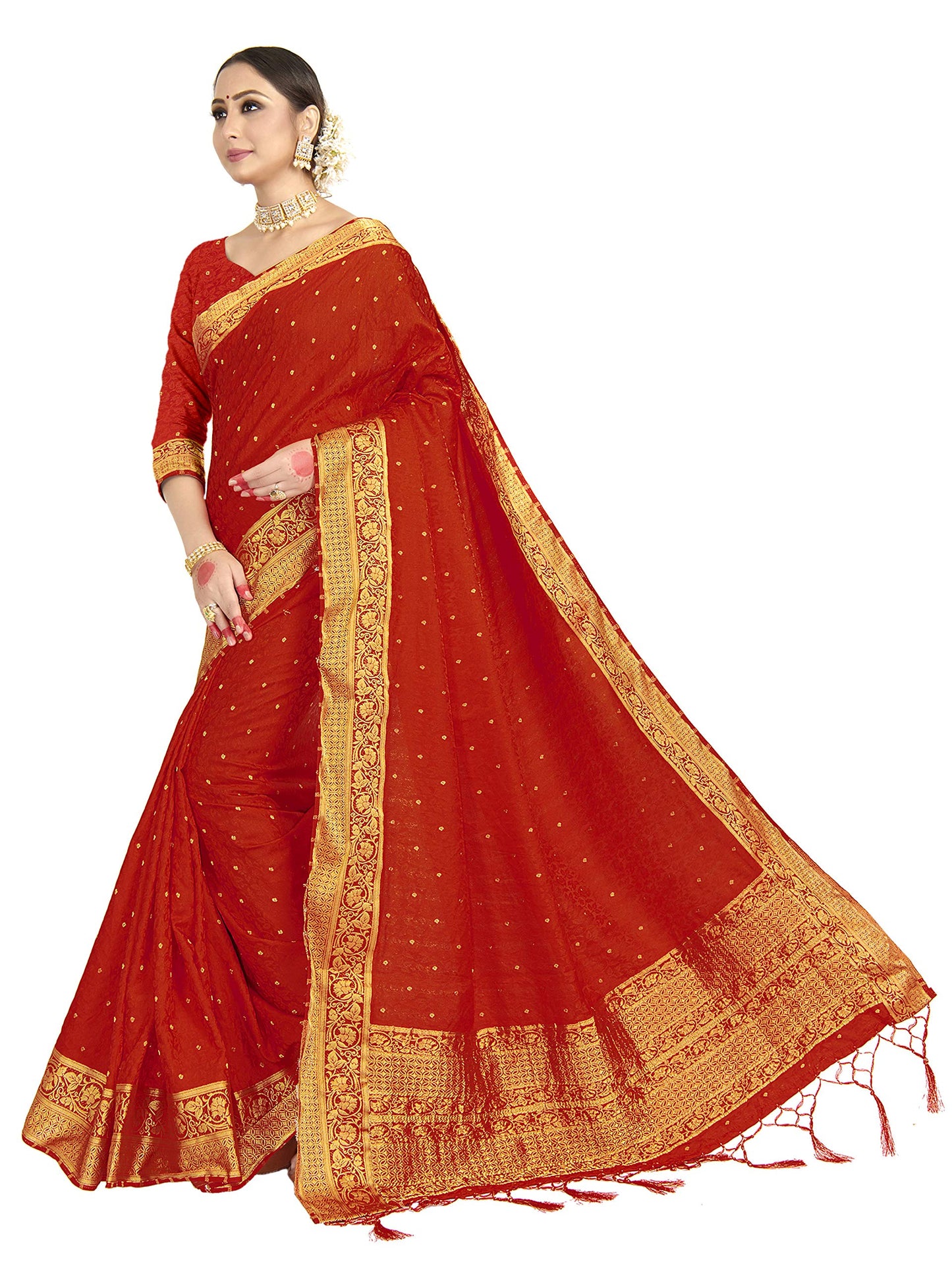 Vardha Women's Banarasi Satin Silk Saree with Unstitched Blouse Piece - Zari Woven Work Sarees for Wedding (172, Red)