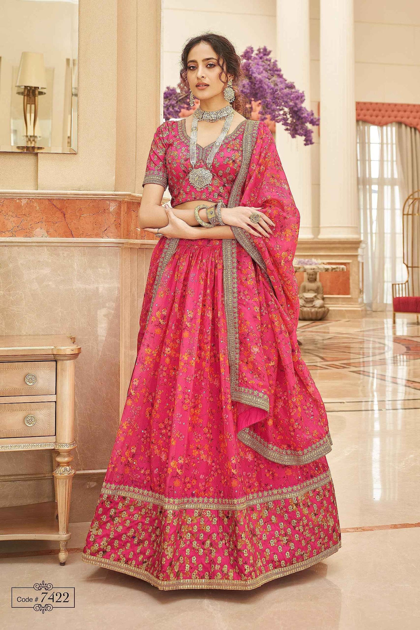 Zeel Clothing Women Organza Lehenga Choli Semi-Stitched Pink Free Size
