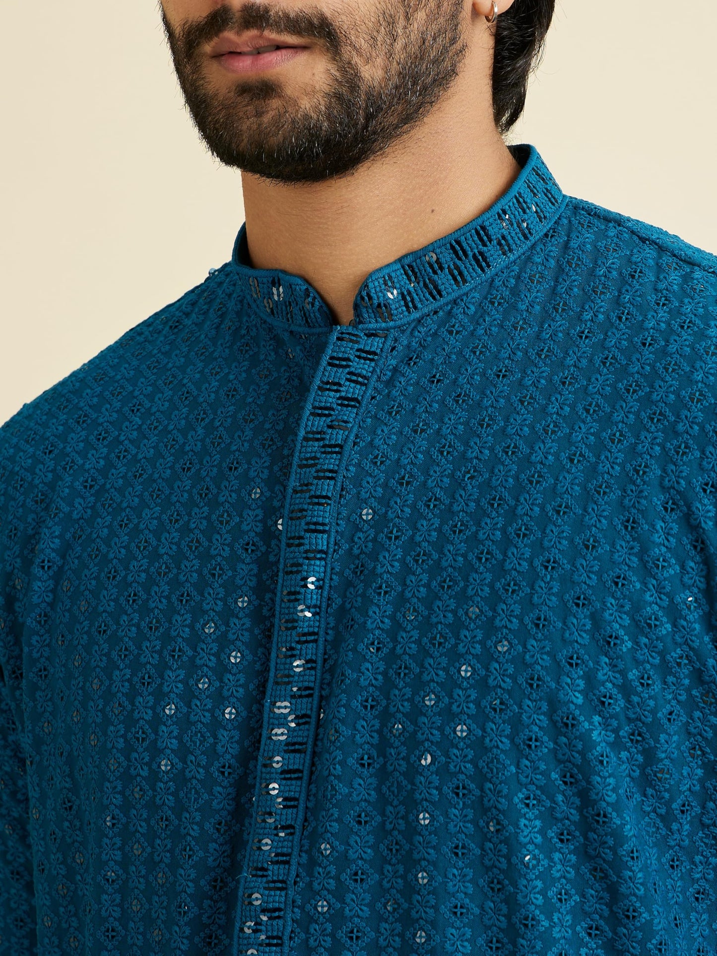 Manyavar Men's Viscose Chikankari Sequinned Kurta Trouser Set(Teal Blue,M)