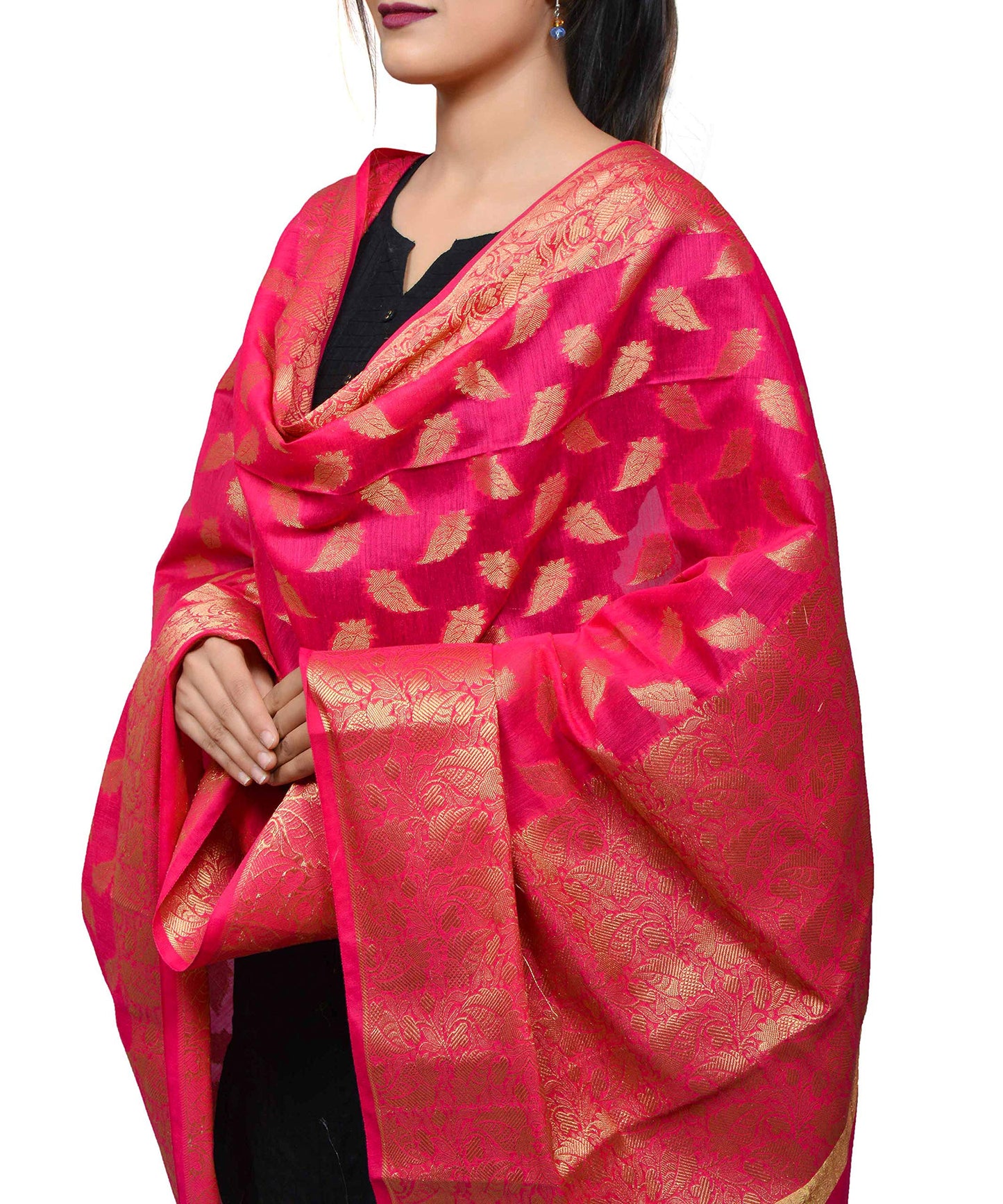 Banjara India Women's Kora Silk Banarasi Dupatta/Chunni (Pink)