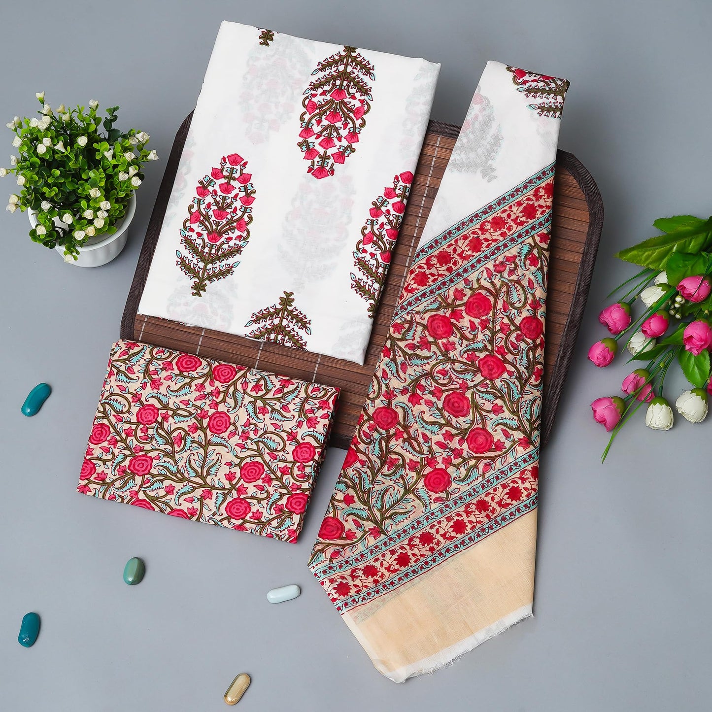 Kwatchi Kwathi Woman's & Girls White Red Floral Printed Unstitched Pure Cotton Suit & Dress Material