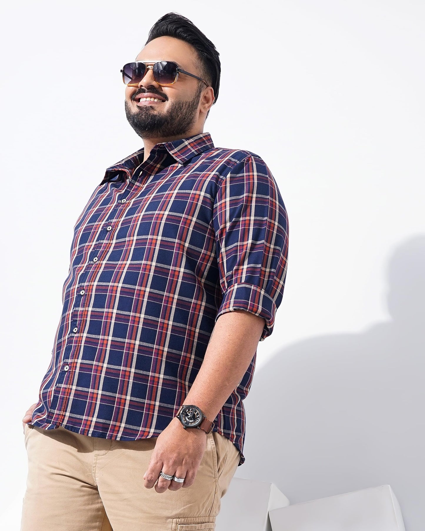 The Indian Garage Co Men's Cotton Checkered Plus Size Regular Fit Shirt (Pl-0822-Sh06-01_Navy 4XL)
