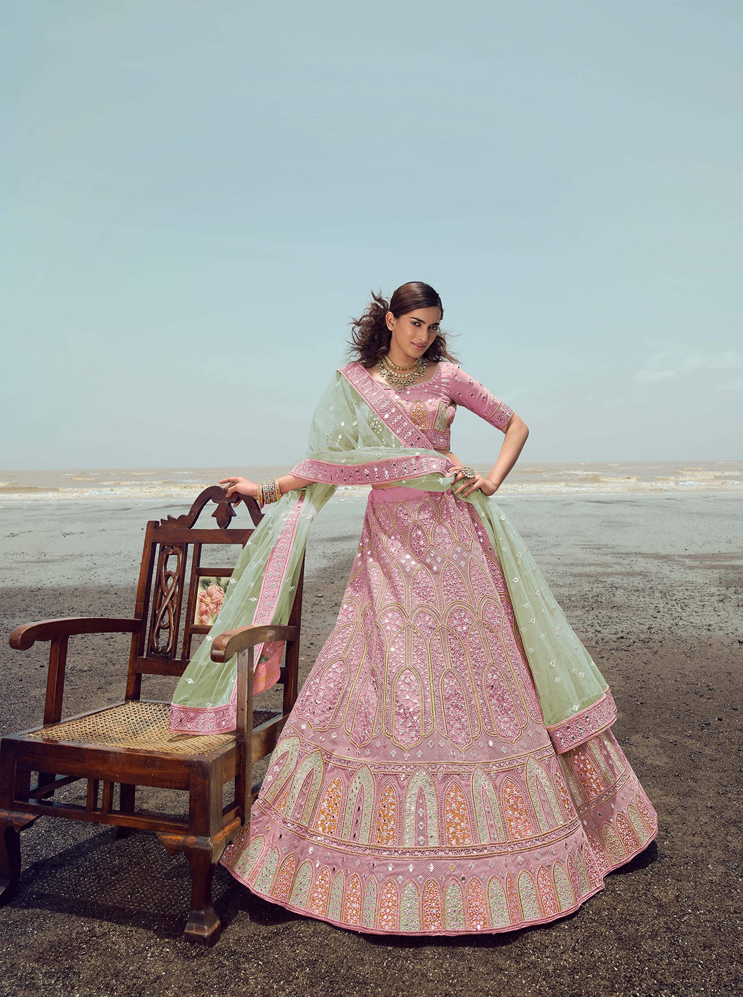FUSIONIC Admirable pink Stone Work organza base Base Lehenga Choli For Women