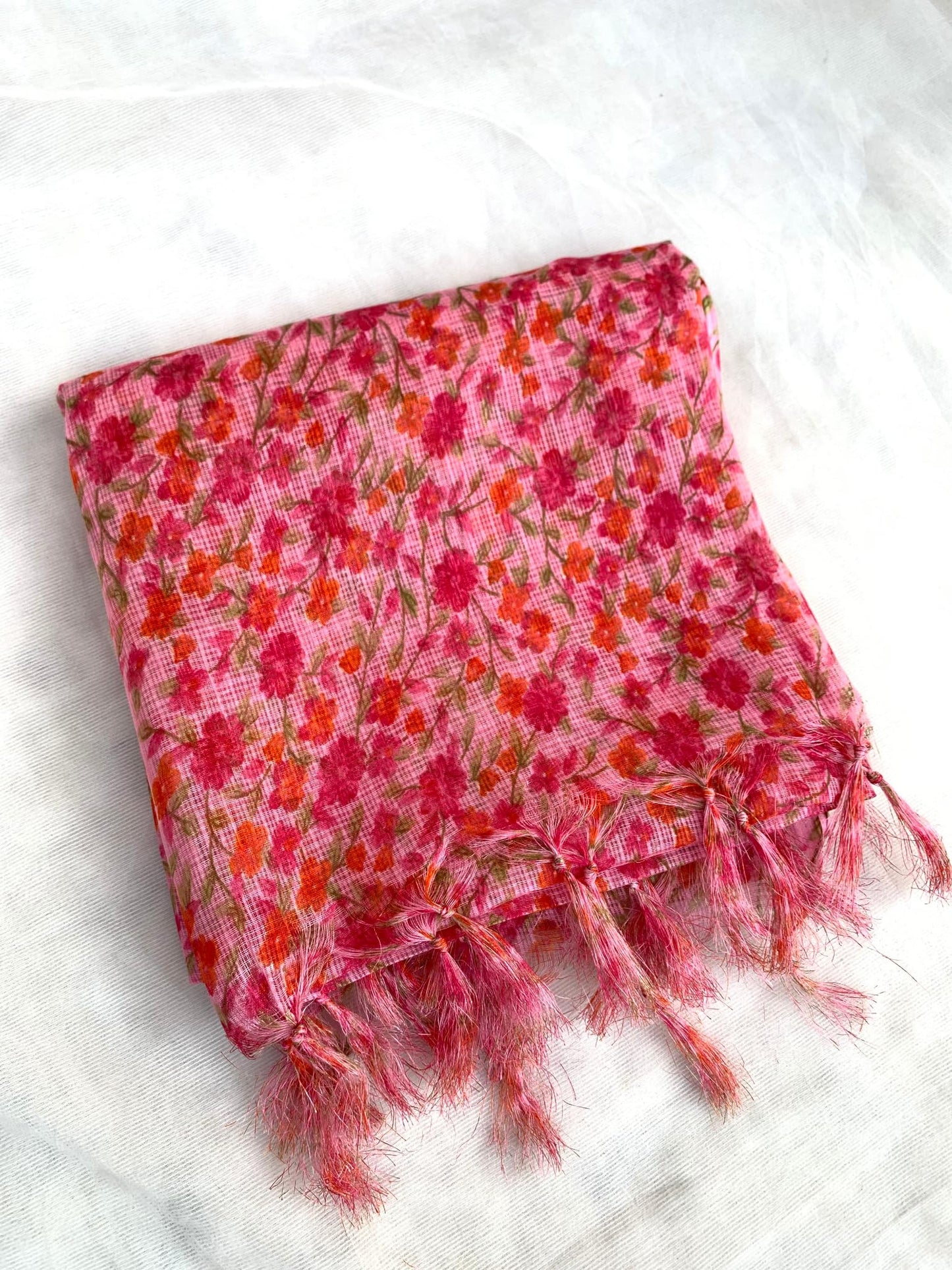 AKSHADEEP Rajasthani Women's Poly Winter Pink Floral Print Kota Doria Checkered Dupatta