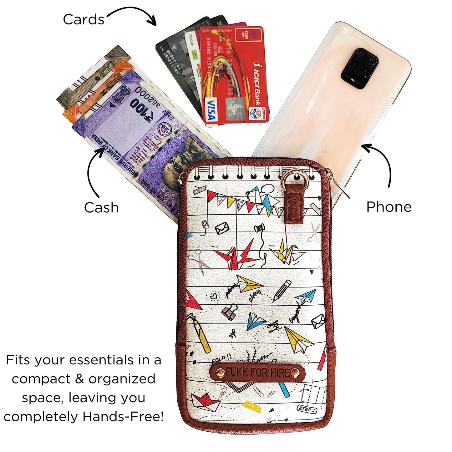 Funk For Hire Womens Leatherette Origami Printed Mobile Holder Sling Bag - White And Brown