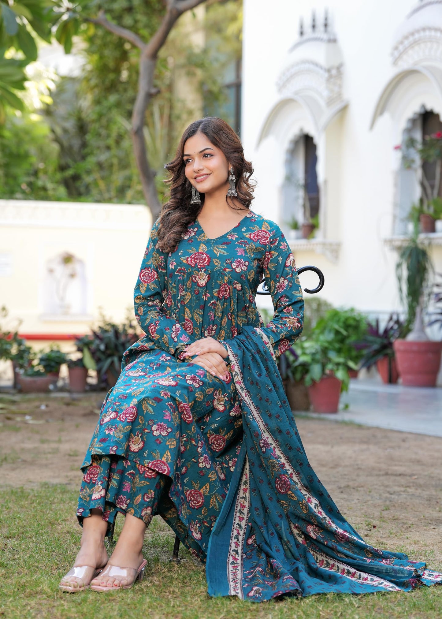 Manojava Women's Floral Printed Anarkali Kurta, Pant and Dupatta Set (IN, Alpha, M, Regular, Big, Blue)