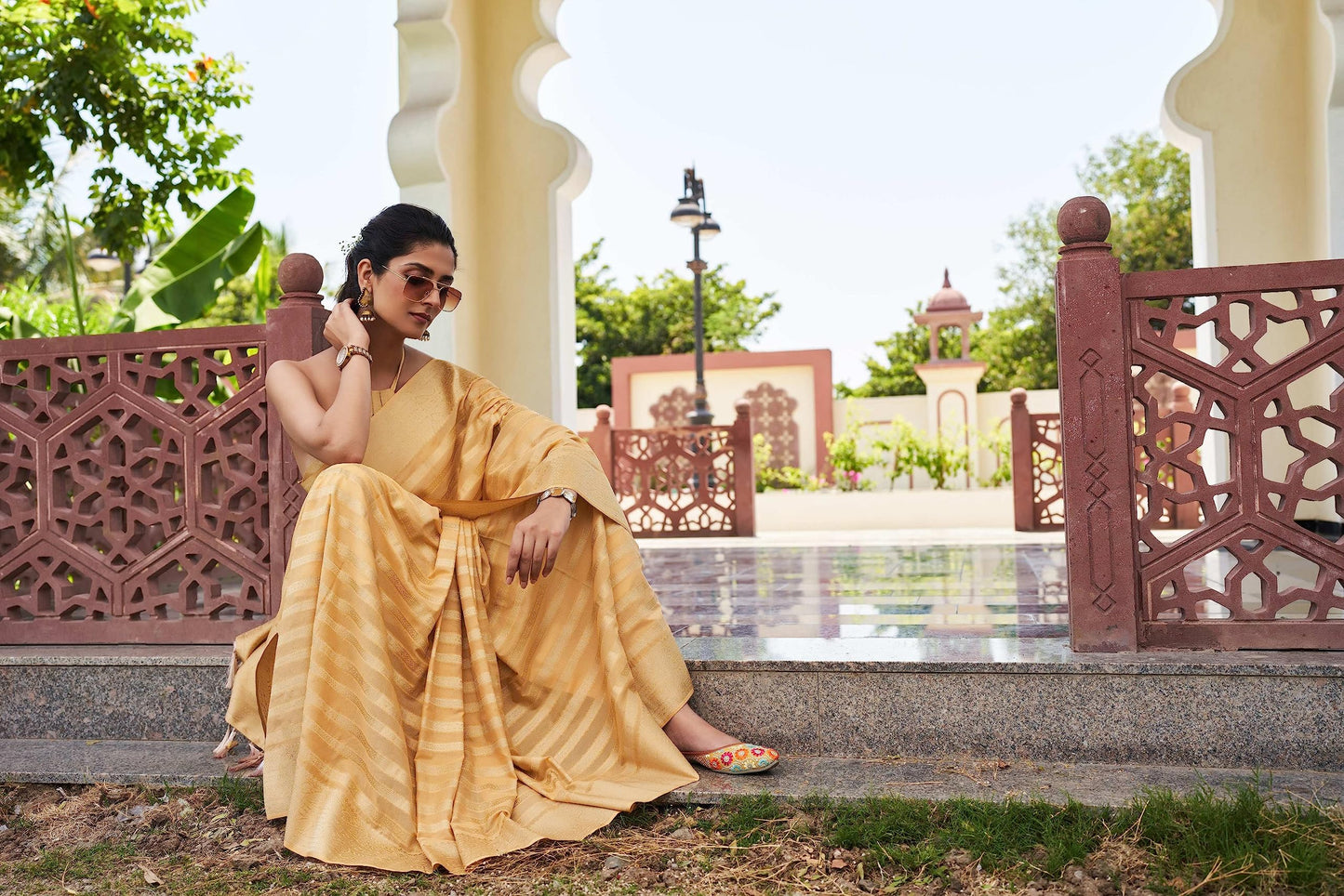 Women Banarasi Georgette Woven Work Half & Half Saree For Women With Gold Zari Border & Unstitched Blouse Piece, Vritika