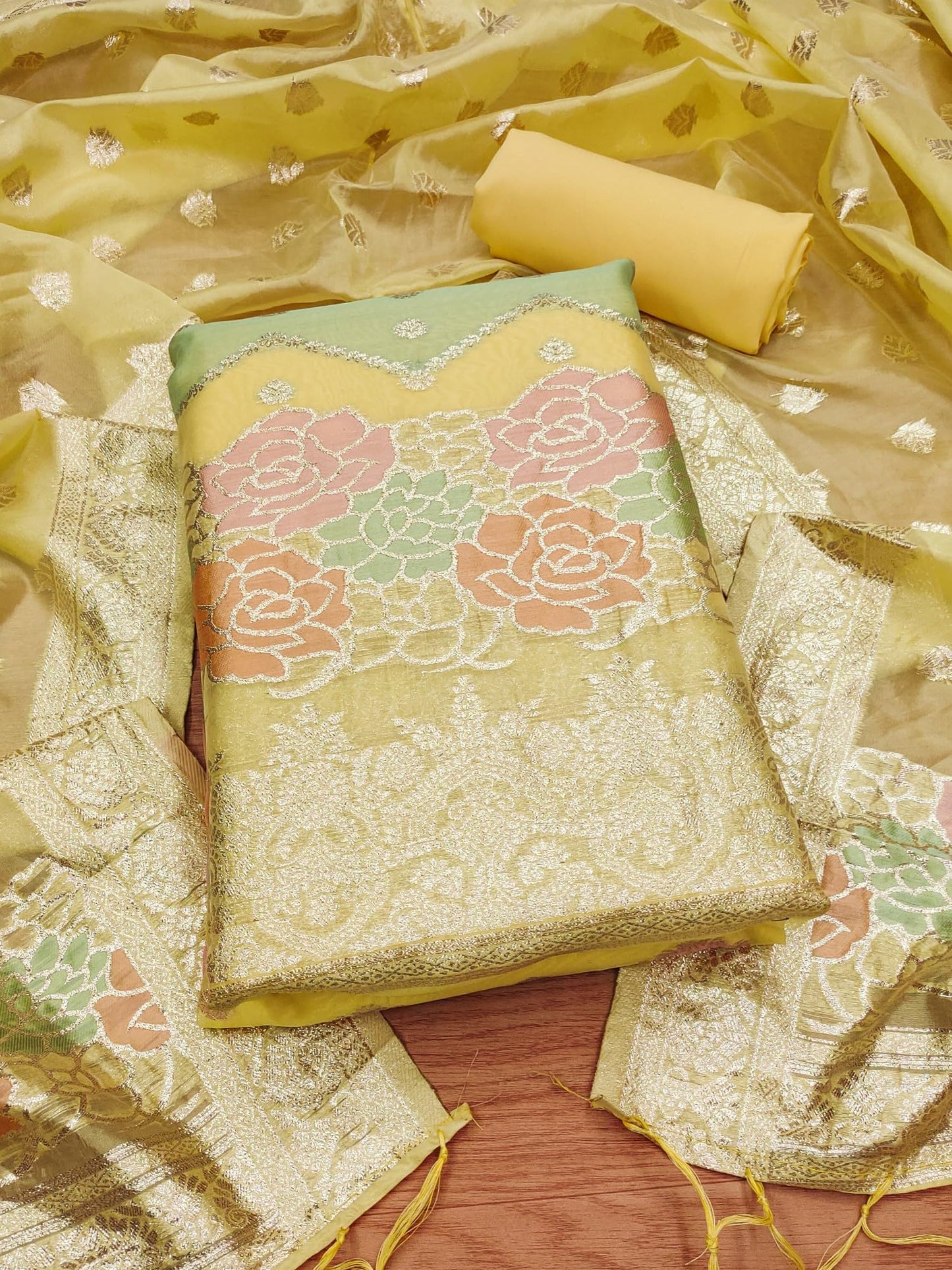 Leeli Peeri Designer Women's Yellow Organza Zari Woven Chevron Design Unstitched Dress Material(807PDM3)