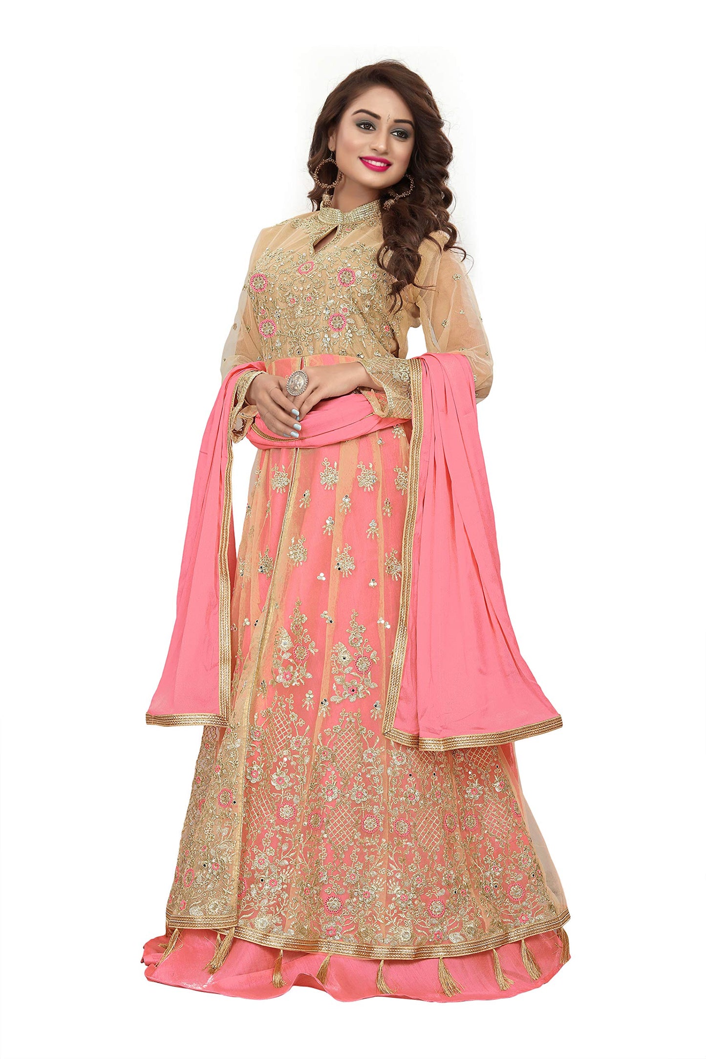 RUDRAPRAYAG Women's Net and Santoon Anarkali Floor Length Gown (5407; Gajjari; Free Size) Pink
