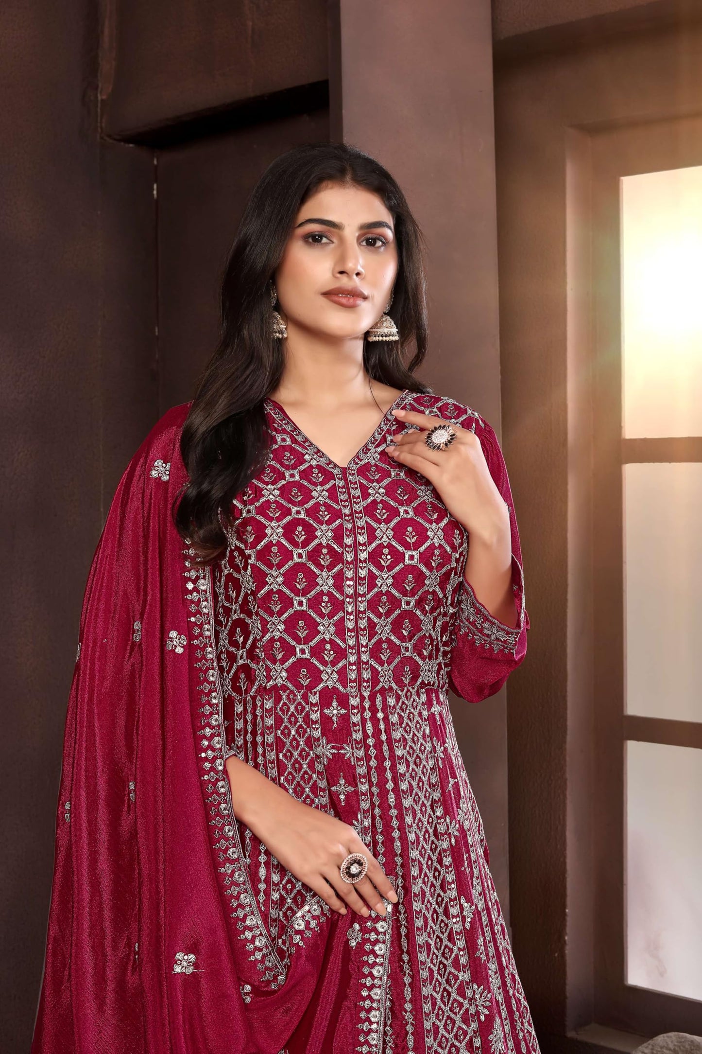 Miss Ethnik Women's Maroon Chinon Stitched Gown with Dupatta Full Sleeve Embroidered A-Line Gown (ME-1236-Maroon-M)