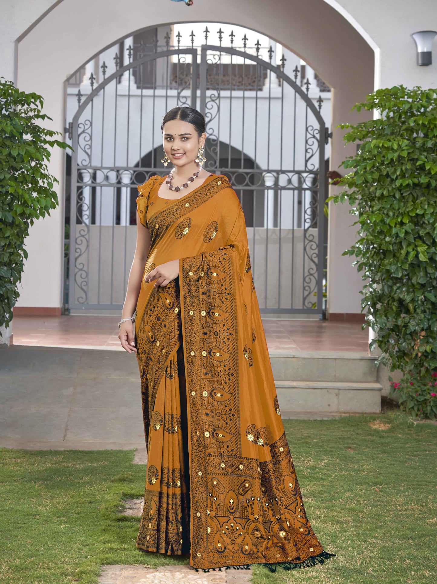 MANOHARI Womens Most Trendy Banarasi Woven Mustard Saree With Heavy Jacquard Work Saree With Blouse Piece