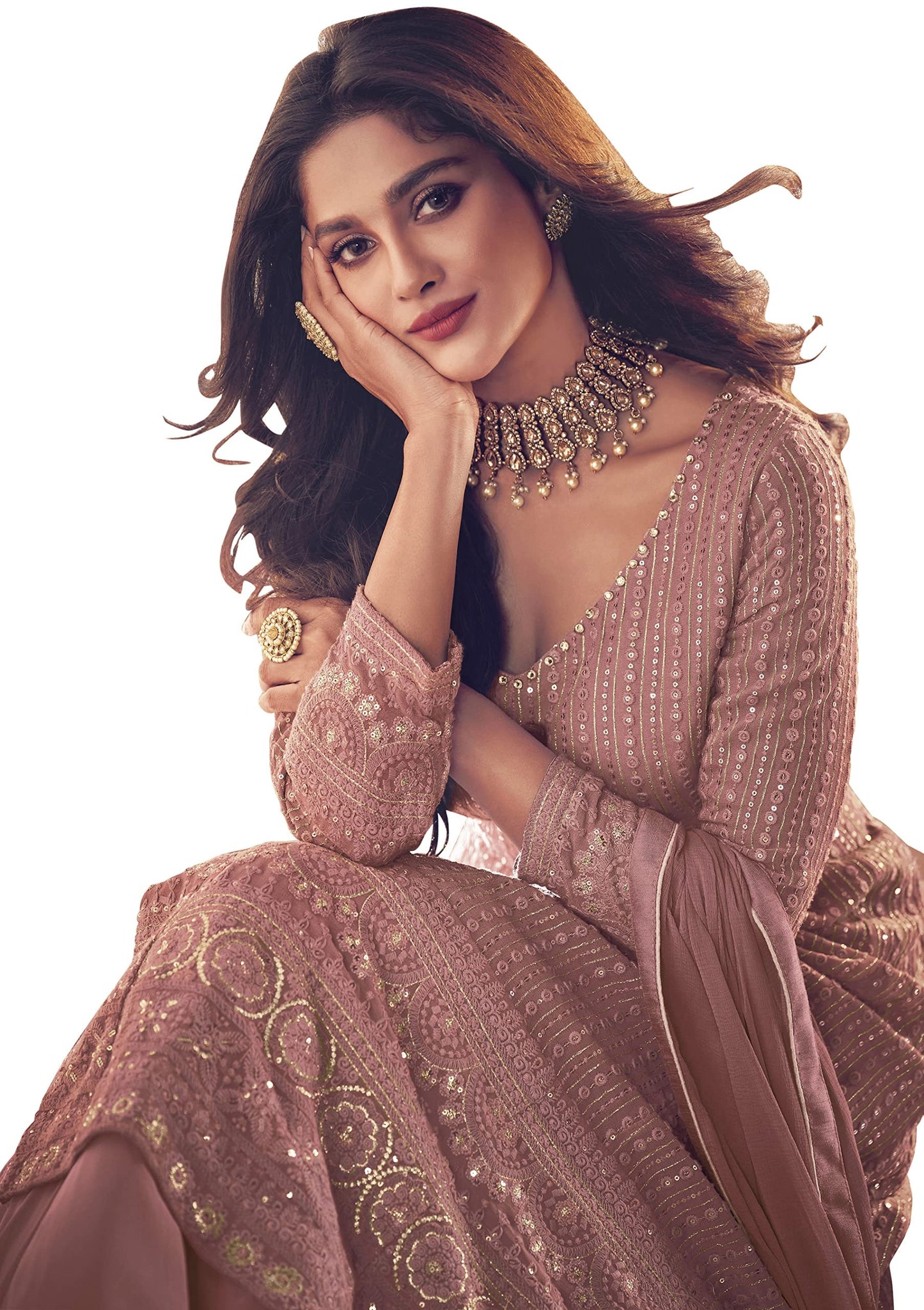 RUDRAPRAYAG Women Maxi Anarkali Georgette and Santoon Gown, 4XL, Peach