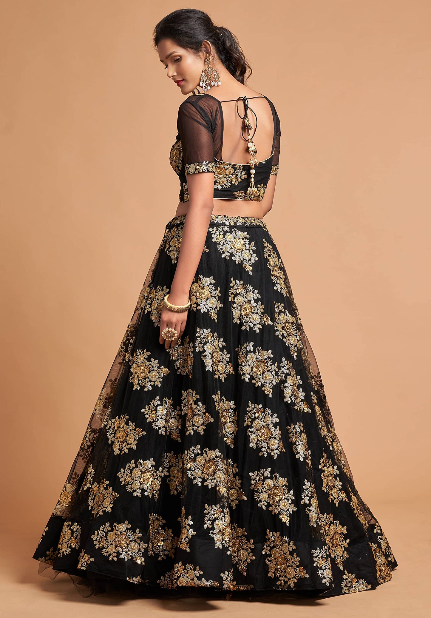 Divine Exim Women's Net Embroidered Semi-Stitched Lehenga Choli with Dupatta (7306-Black-Wedding-Girlish-Latest-Lehenga; Free Size)