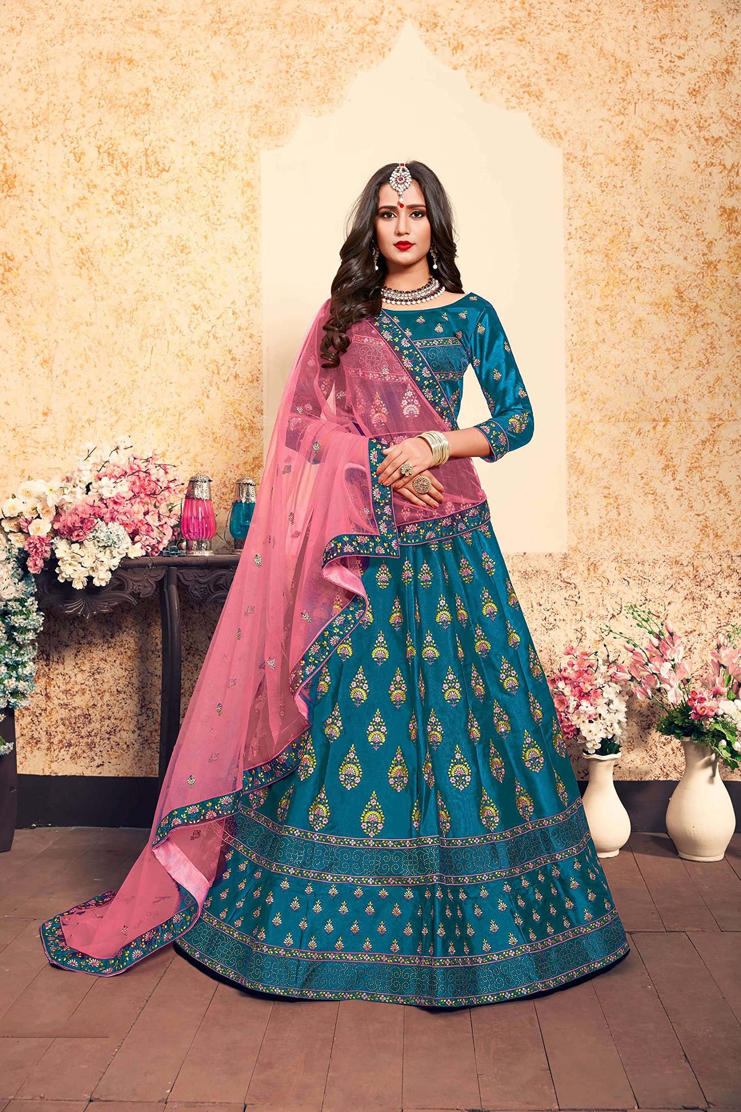 FUSIONIC Stylish Sky blue Satin base Lehenga Choli For Women