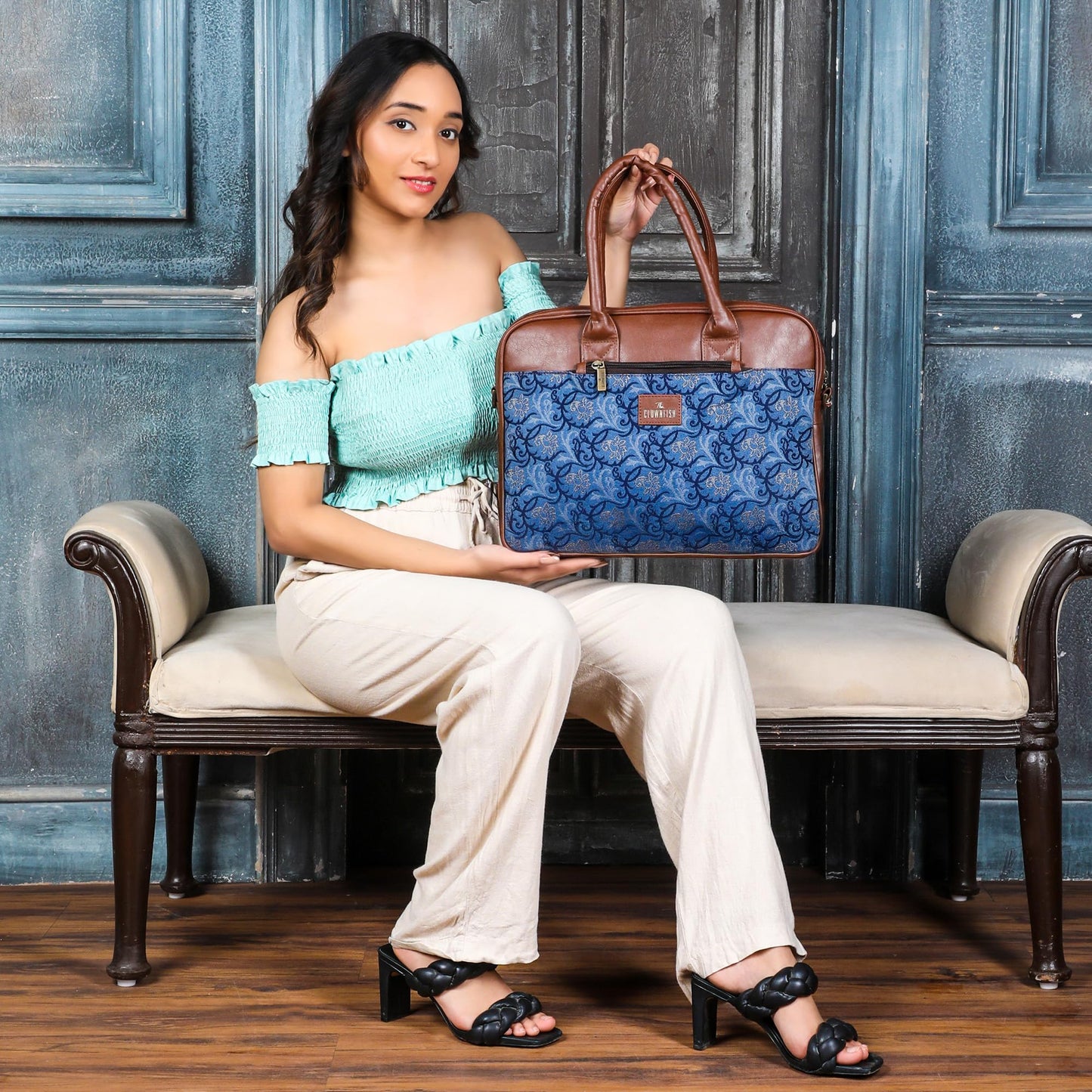 THE CLOWNFISH Deborah series 15.6 inch Laptop Bag For Women Tapestry Fabric & Faux Leather Office Bag Briefcase Messenger Sling Handbag Business Bag (Blue-Floral)