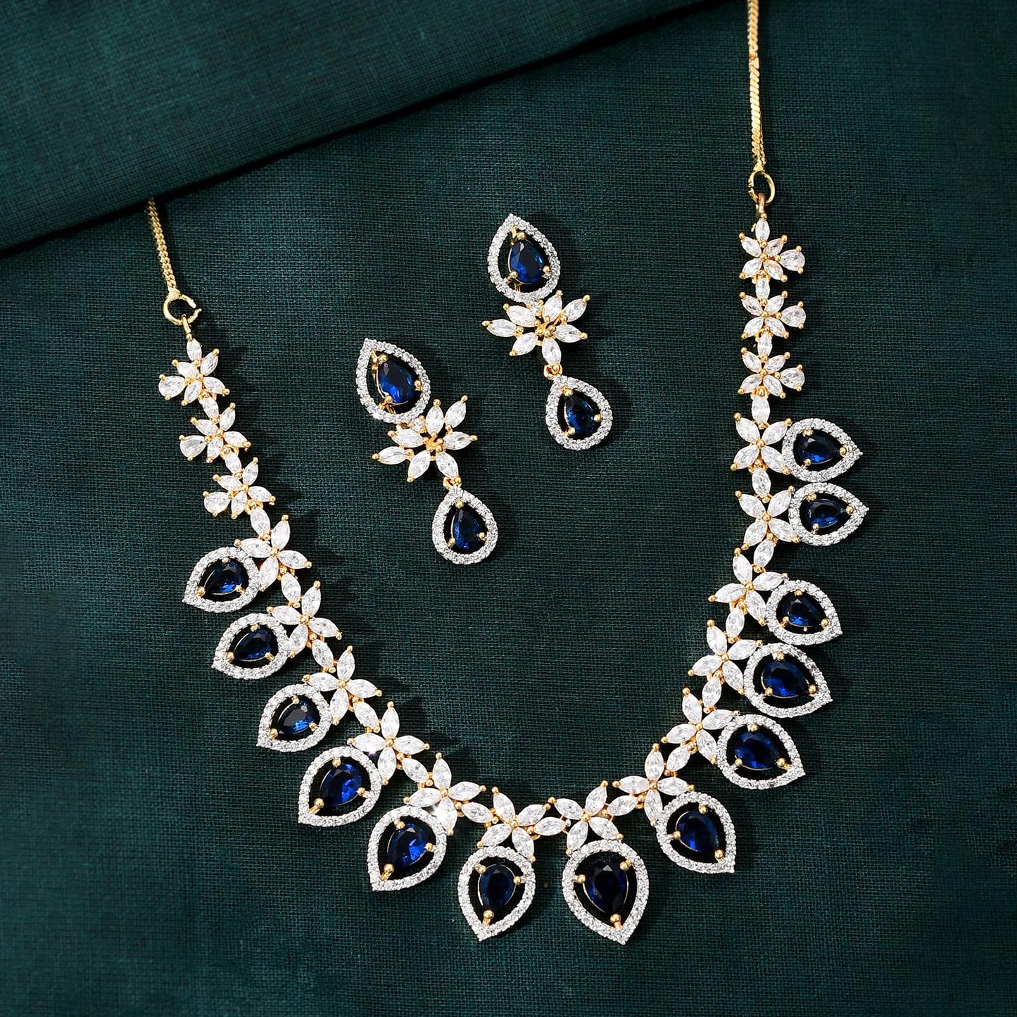 VOYLLA Sparkling Elegance Blue Allure American Diamond Necklace Set |Necklace Sets For Women| Short Necklace Set For Women|Wedding|Party|Gift For Women|American Diamond|Cz Necklace Sets|