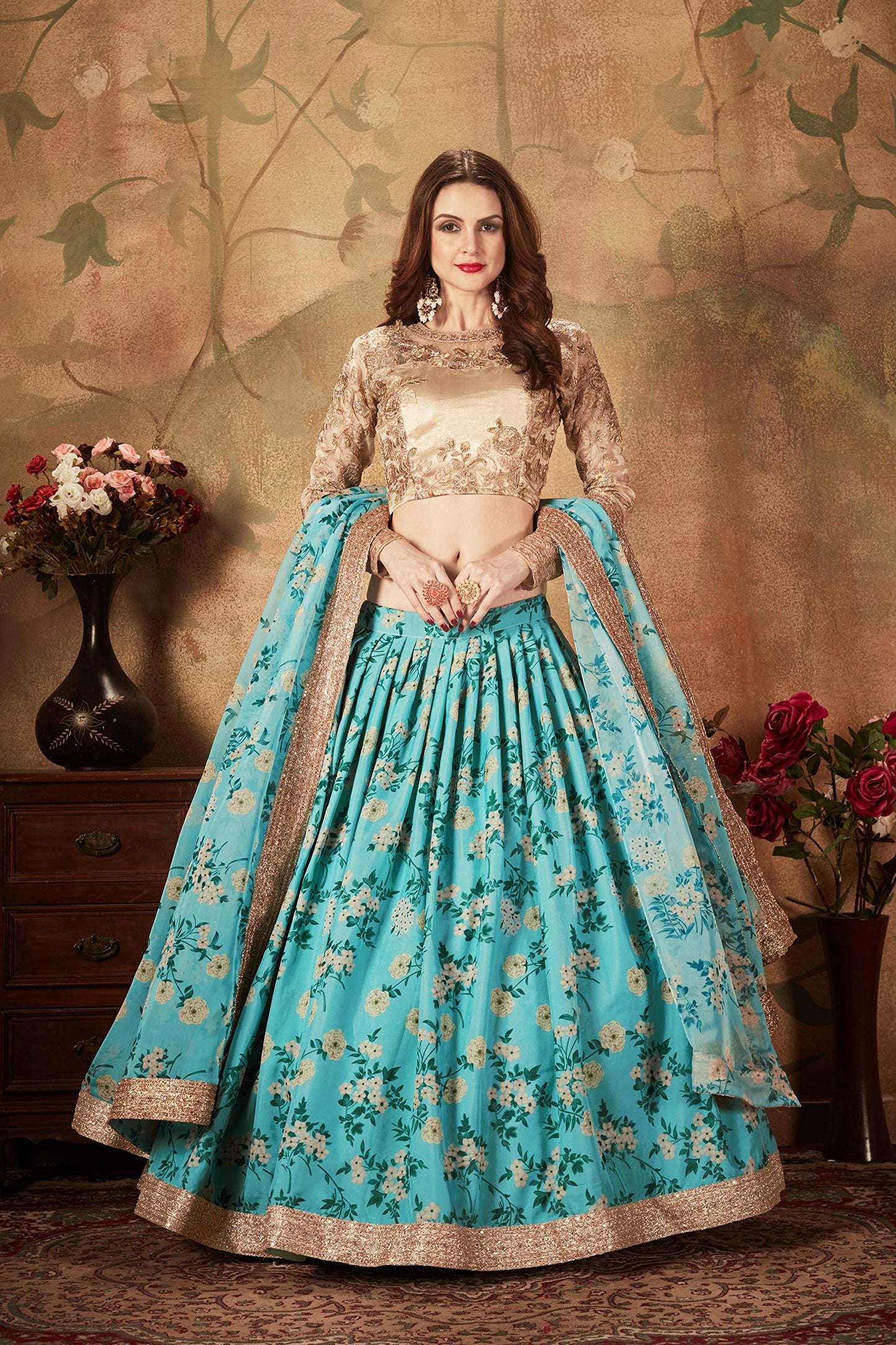 Zeel Clothing Women's Organza Dress Material Semi Stitched Lehenga Choli (7027-Blue-Wedding-Floral-Lehenga_Sky Blue_Free Size), Customizable Length