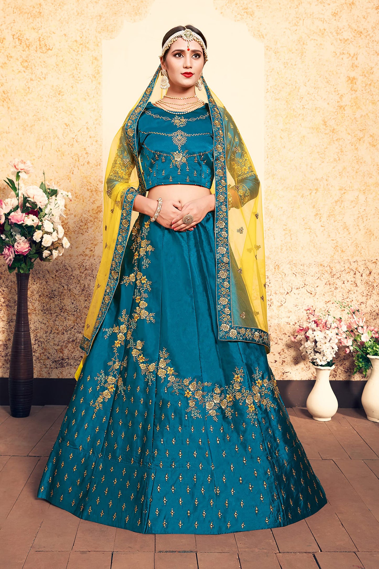 FUSIONIC Splendid Sky blue Satin Base Lehenga Choli For Women