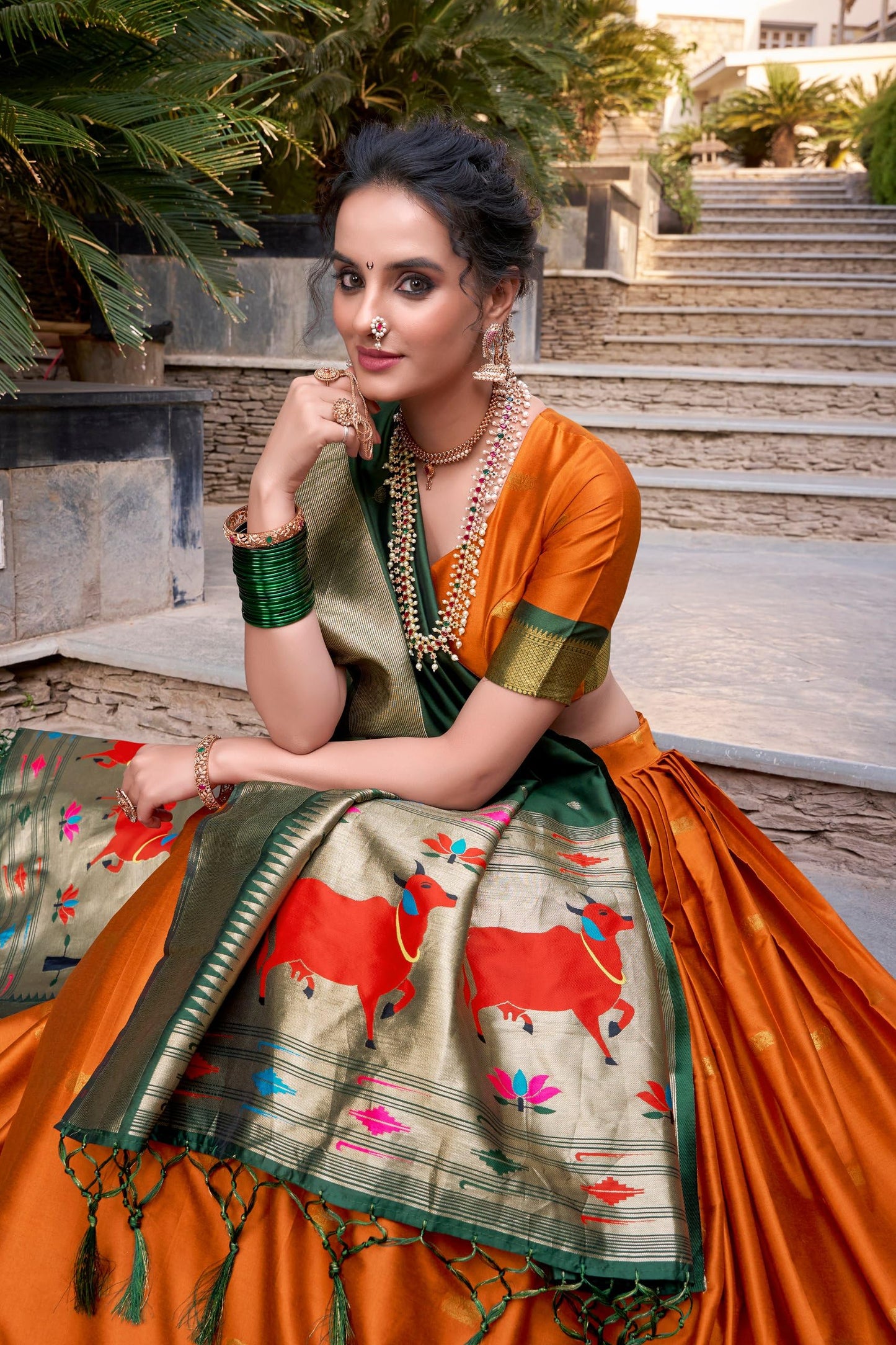 NONITA FASHION Orange Paithani Silk Lehenga Choli with Rich Zari Work (Orange, Large)