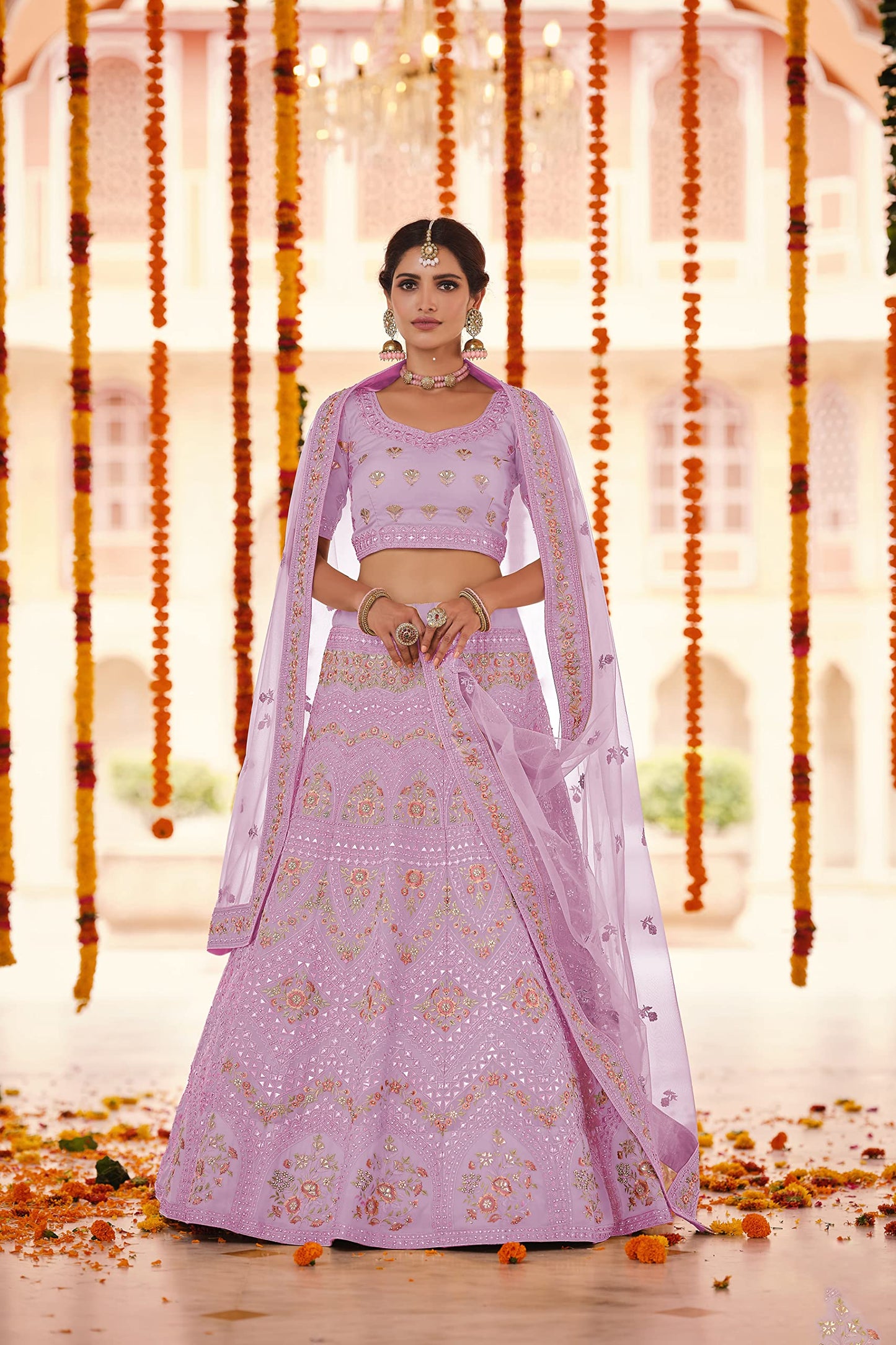 FUSIONIC Pink Color Organza Fabric Gota And Thread Work Lehenga For Women