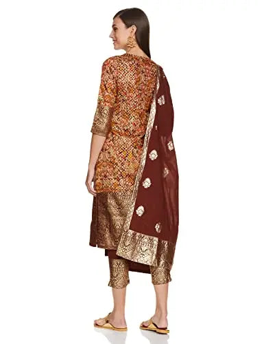 BIBA Cotton Women's Printed Relaxed Salwar Kurta Dupatta(Skddurgotsa7566_Choco Brown_36) SaumyasStore