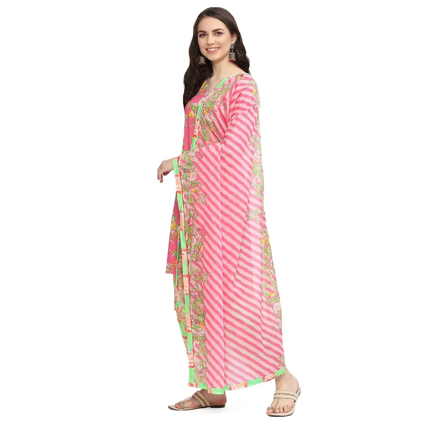 BIBA Women's Cotton Printed Straight Salwar Kurta Dupatta (Skdrang8934_Pink - Green_42) SaumyasStore