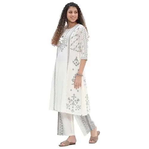Biba Women's Cotton Kurta Set (SKDWBI10538SS25OWHT_Off White SaumyasStore