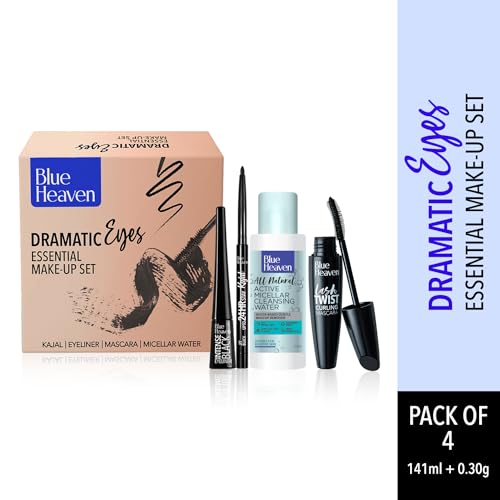 Blue Heaven Dramatic Eyes Essential Make-up Set - Black Eyeliner, 24Hr Stay Kajal, Micellar Cleansing Water, Lash Twist Mascara, 141ml + 0.30g SaumyasStore