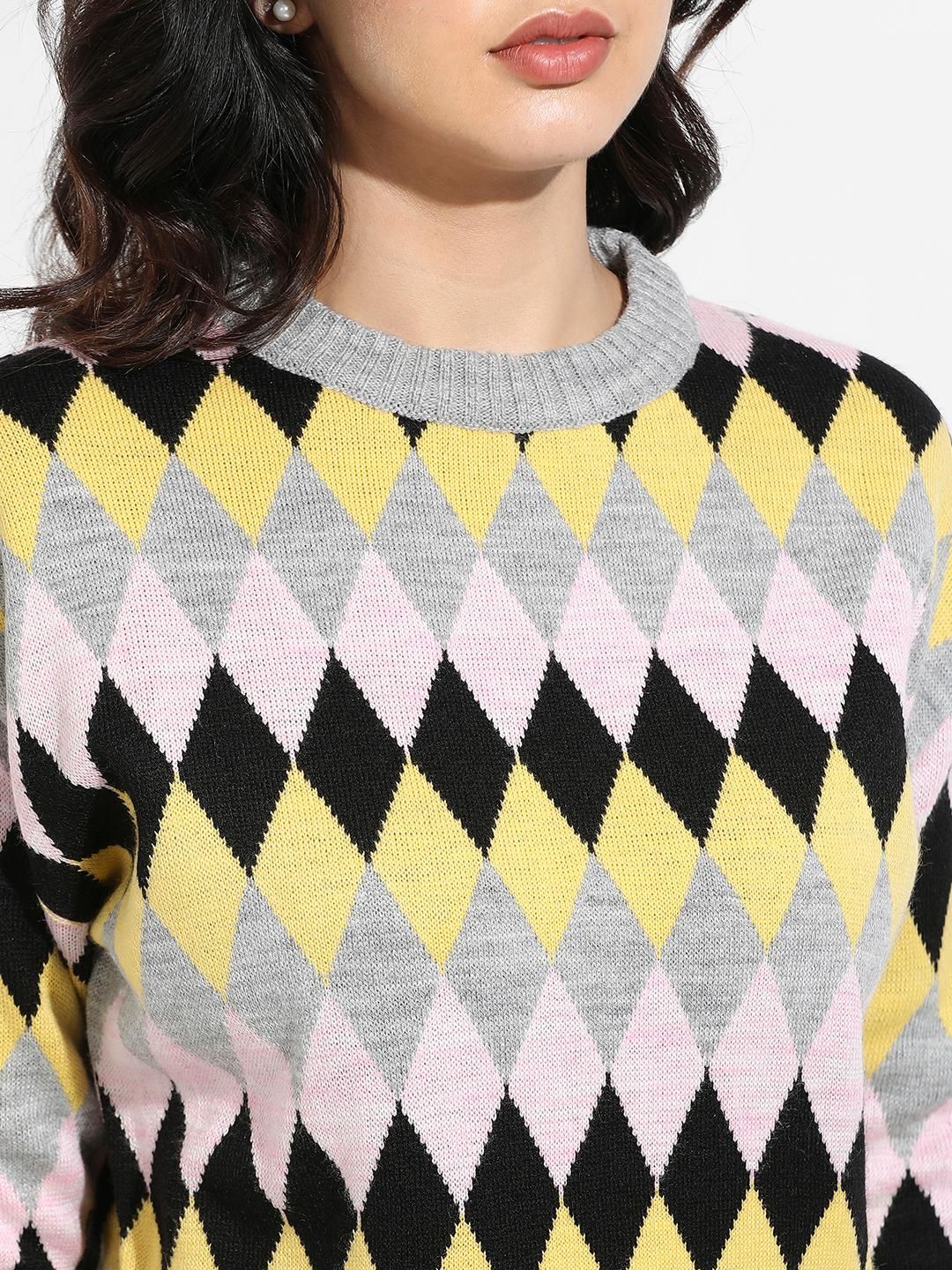 Campus Sutra Women's Argyle Knitted Pullover Sweater 