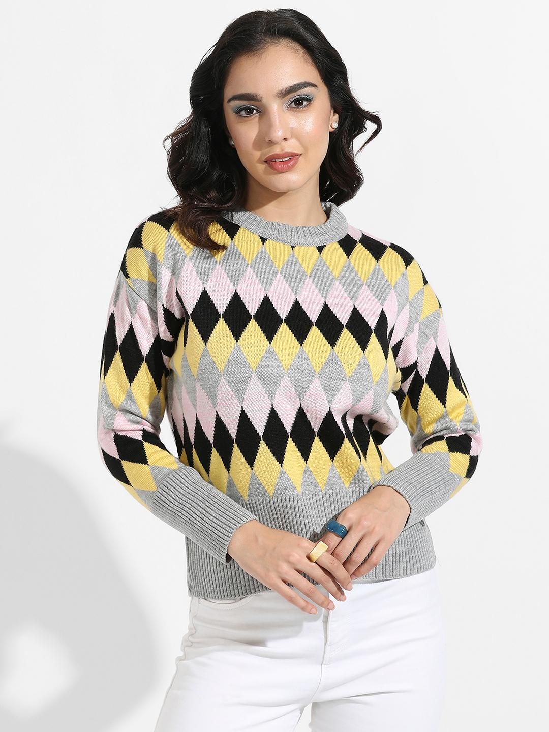 Campus Sutra Women's Argyle Knitted Pullover Sweater 