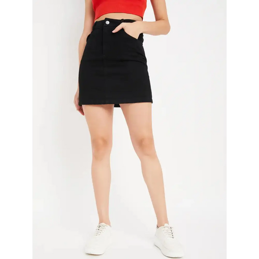 Drape and Dazzle Black Mini Skirt with Back Slit | Denim Skirt with 4 Pocket for Women 