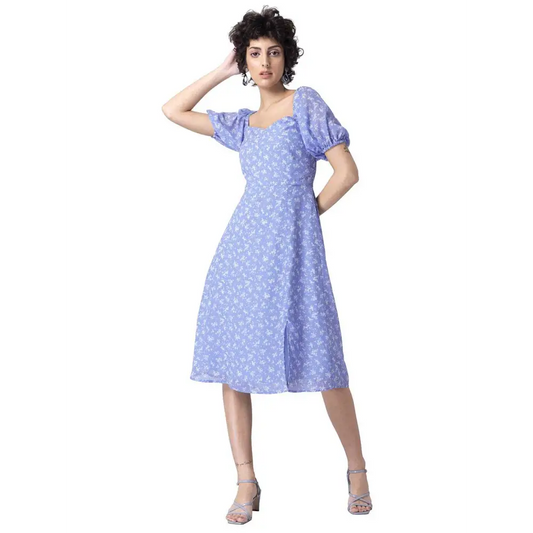 FabAlley Women's Georgette Blue Ditsy Puff Sleeves Midi Dress 
