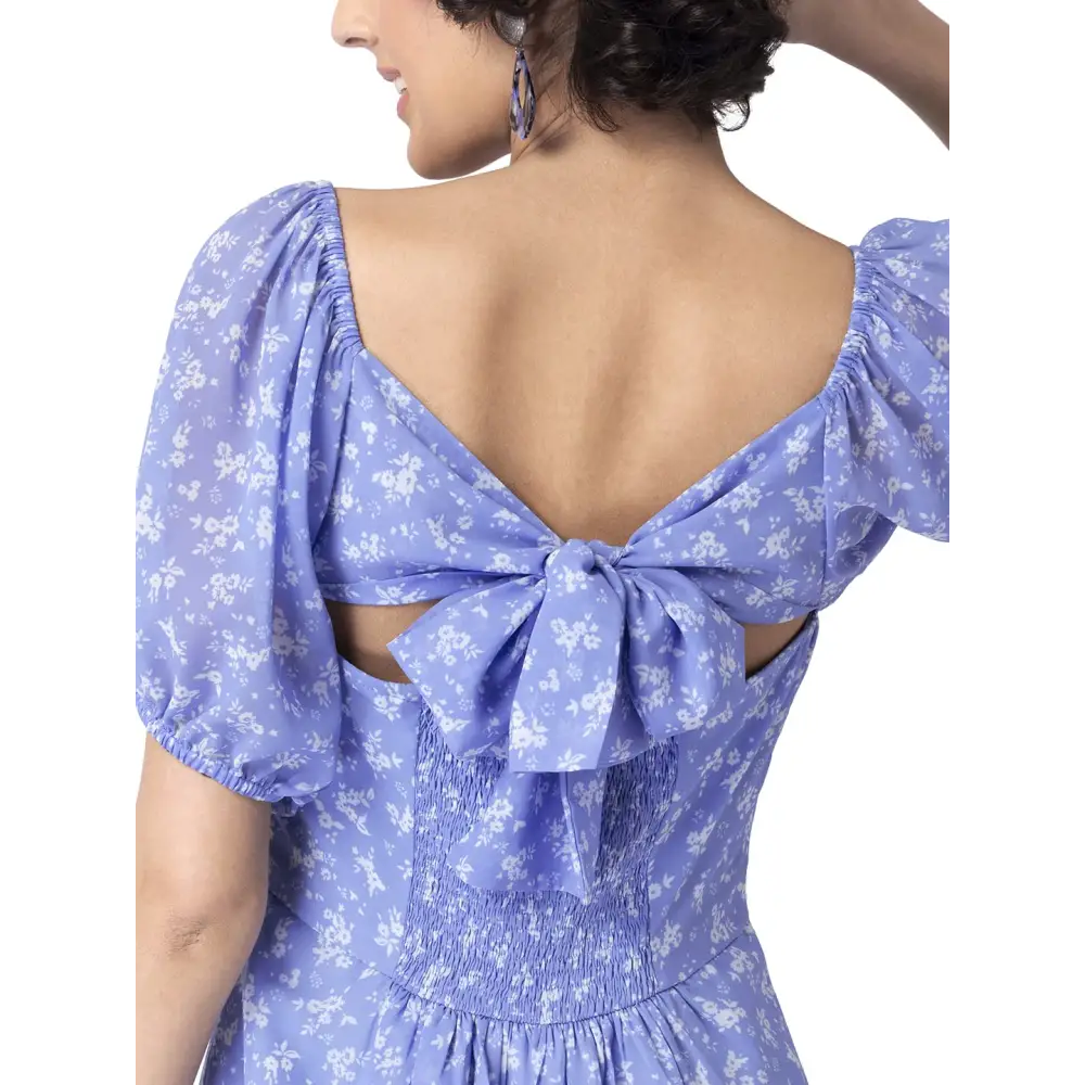 FabAlley Women's Georgette Blue Ditsy Puff Sleeves Midi Dress 